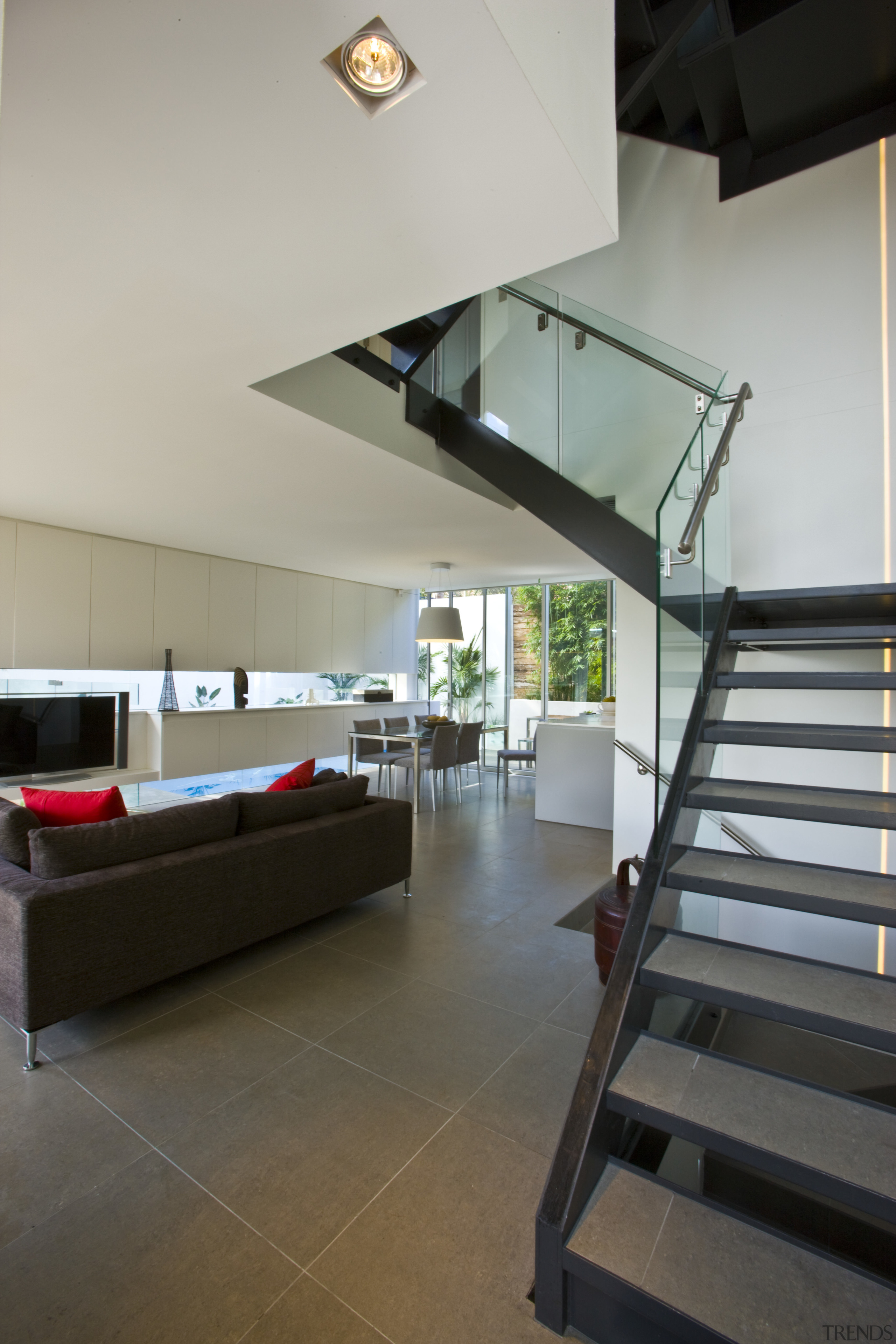 View of stairway with glass balustrade and stainless architecture, ceiling, daylighting, floor, flooring, handrail, house, interior design, living room, loft, stairs, gray