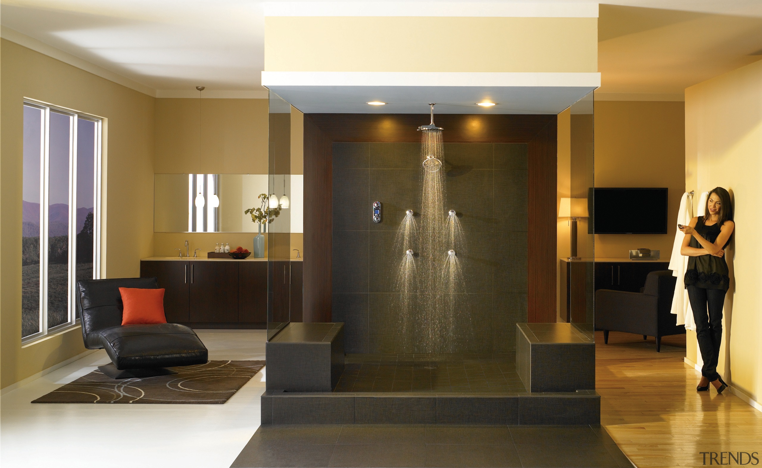 View of a shower enclosure which features several ceiling, floor, flooring, furniture, interior design, living room, lobby, room, brown