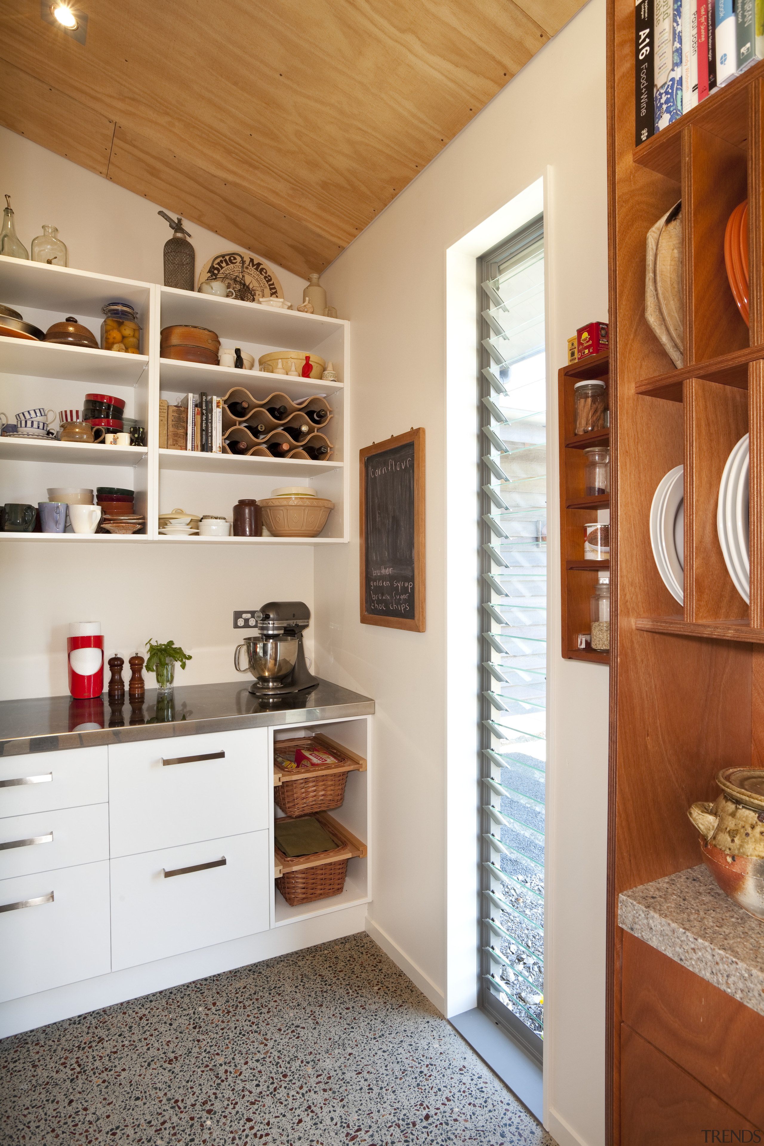 Kitchen with white cupboards, grey flooring and wooden cabinetry, interior design, kitchen, shelf, shelving, white, brown