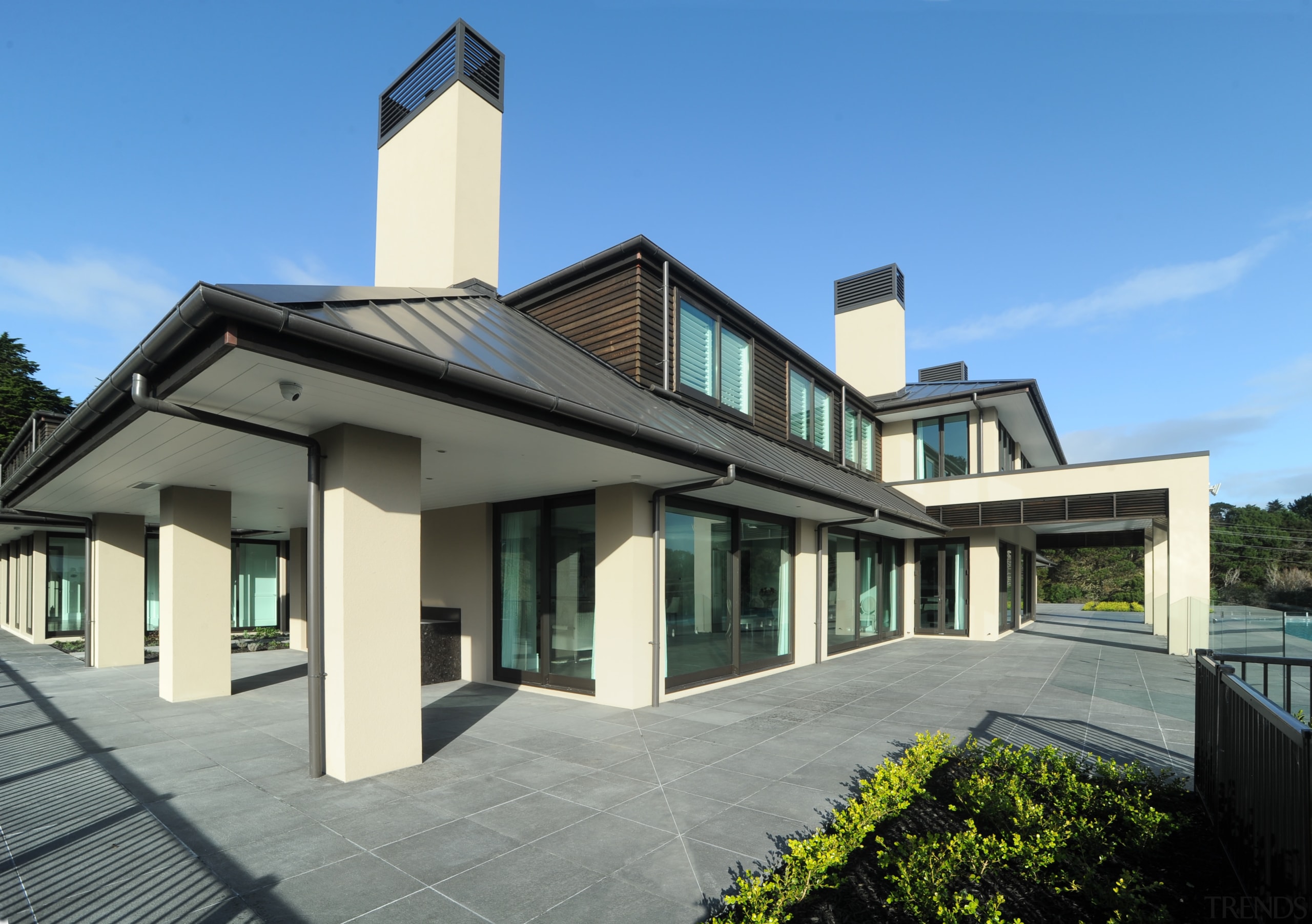 Large modern country home with plaster exterior - architecture, building, estate, facade, home, house, mansion, property, real estate, residential area, roof, villa, window, teal, gray