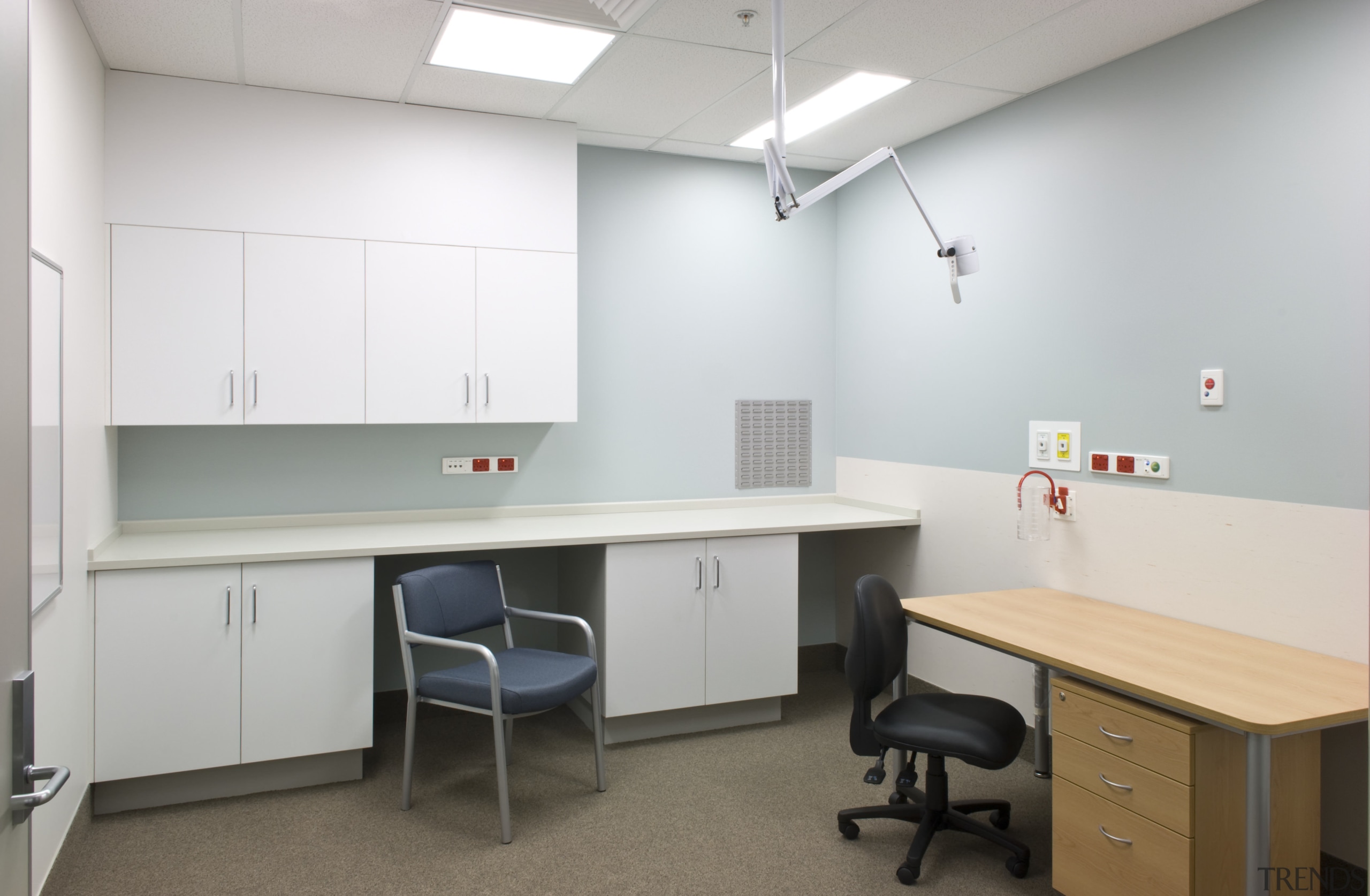 The new Wellington Regional Hospital was designed by desk, floor, furniture, interior design, office, product design, gray, white
