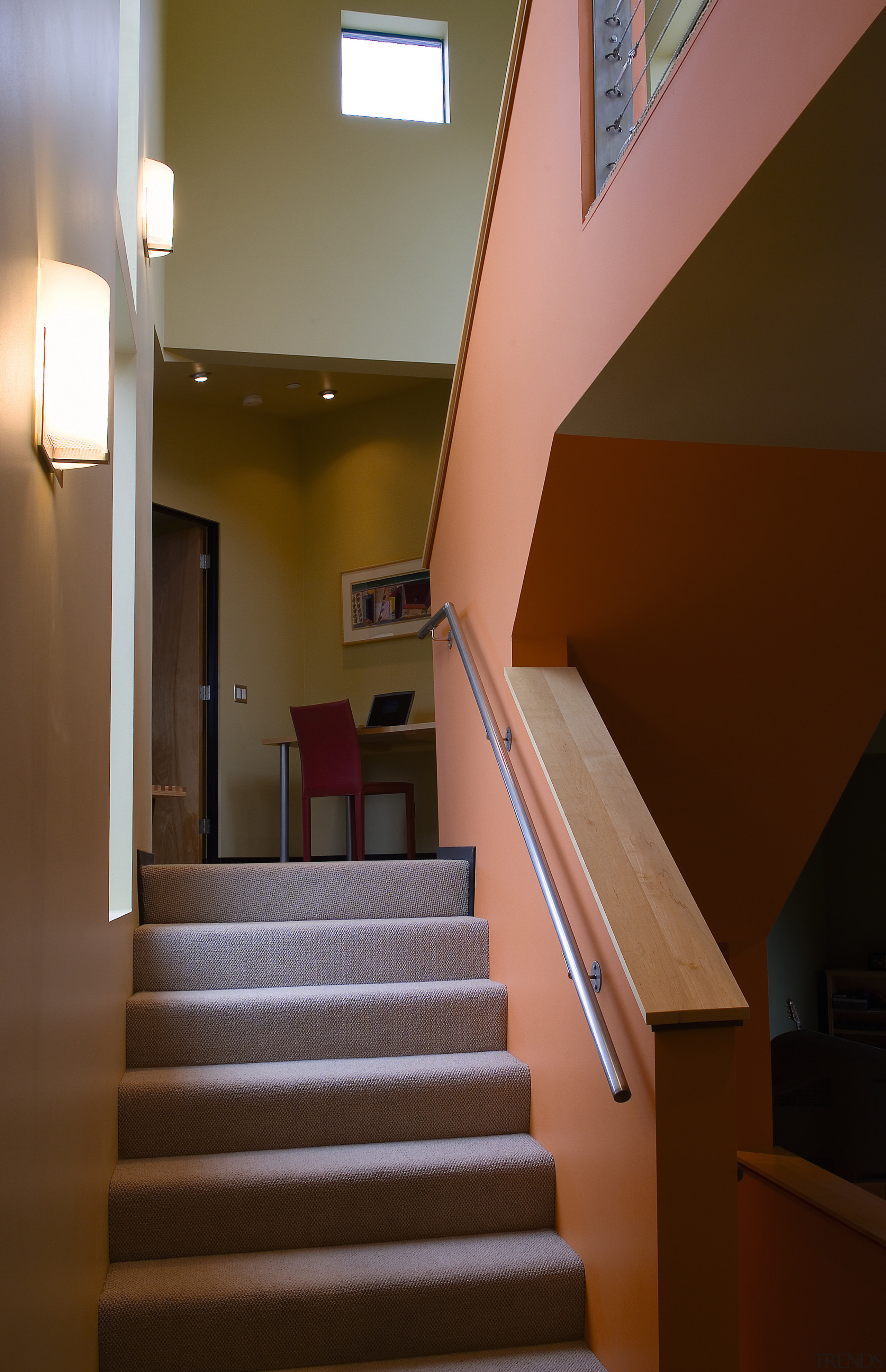 A view of the staircase that features the architecture, ceiling, daylighting, floor, glass, handrail, hardwood, home, house, interior design, lighting, stairs, wall, window, wood, brown