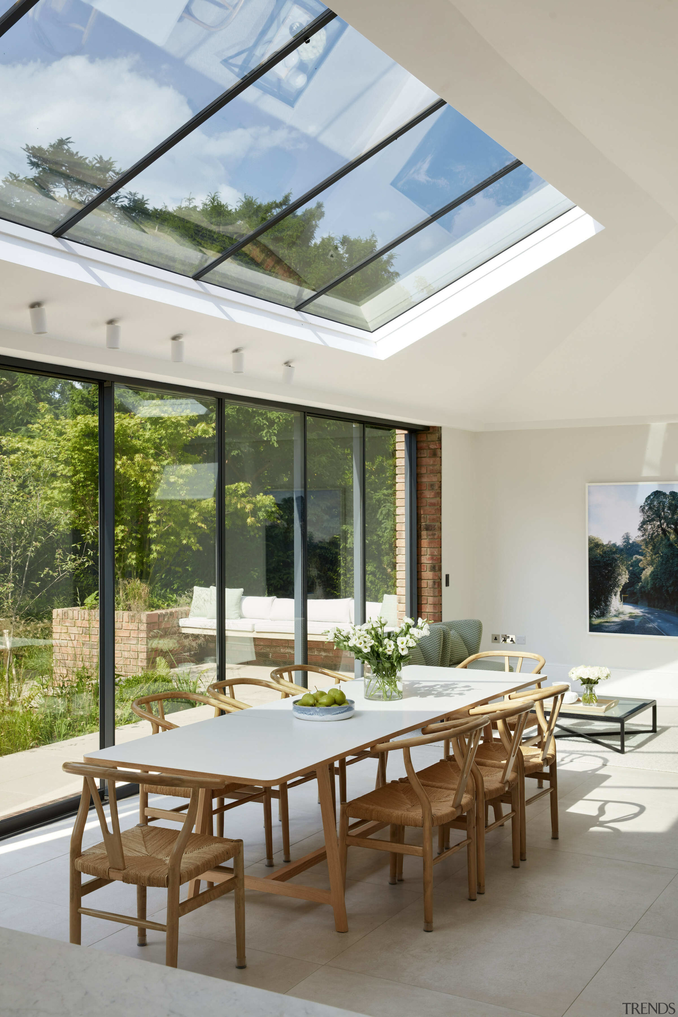 The reworked addition's soaring ceiling and massive skylights 