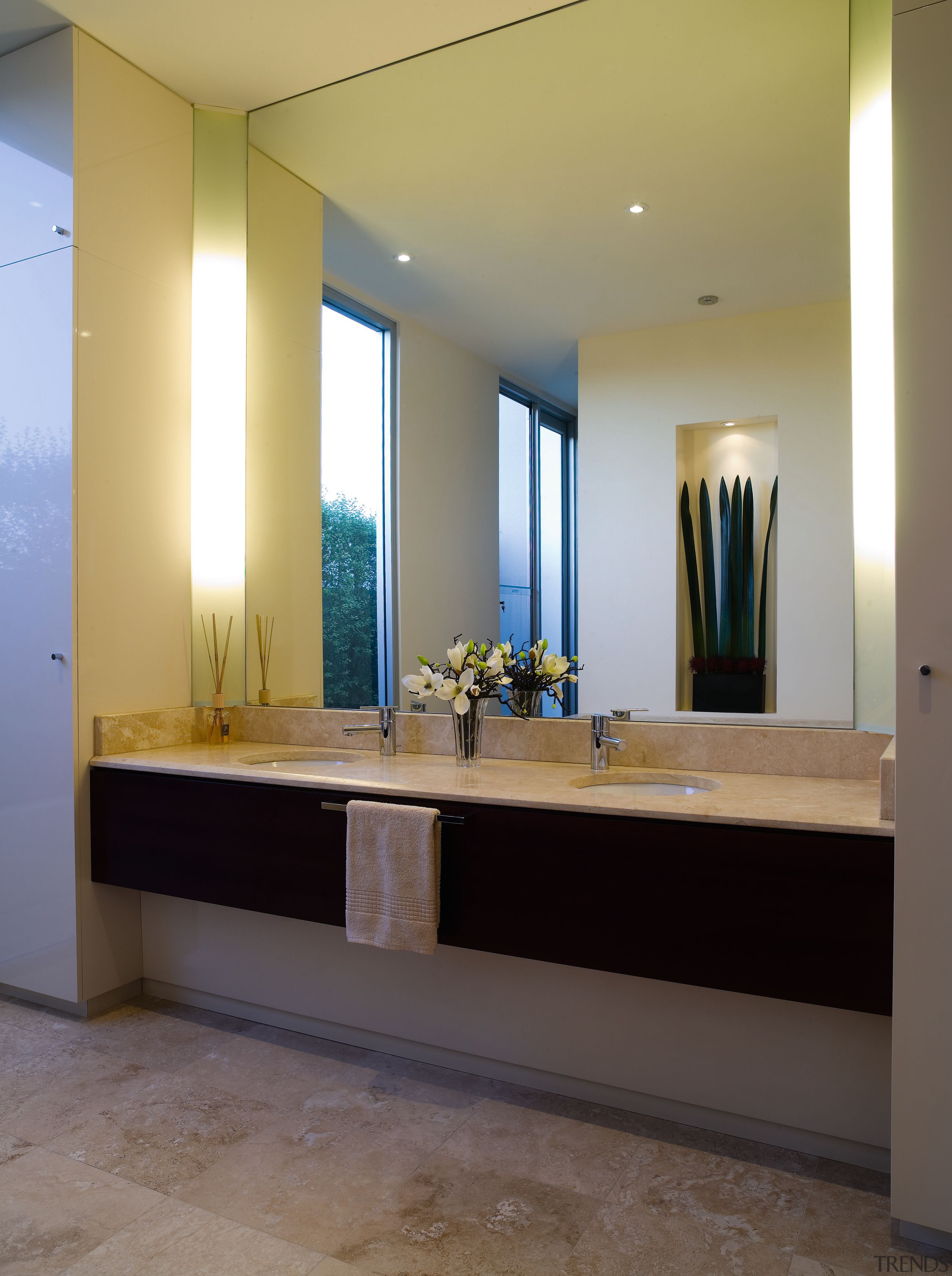 Proportions were important in this bathroom, where simple bathroom, ceiling, countertop, floor, flooring, furniture, interior design, room, sink, gray