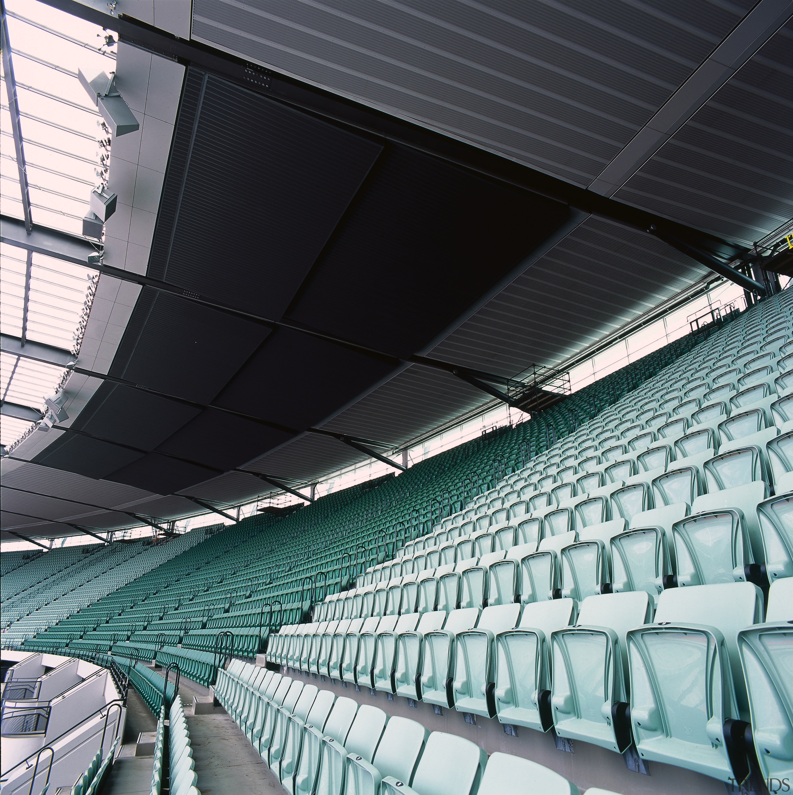 View of stadium seats and roofing with aluminium architecture, arena, auditorium, daylighting, line, net, performing arts center, sport venue, stadium, structure, black