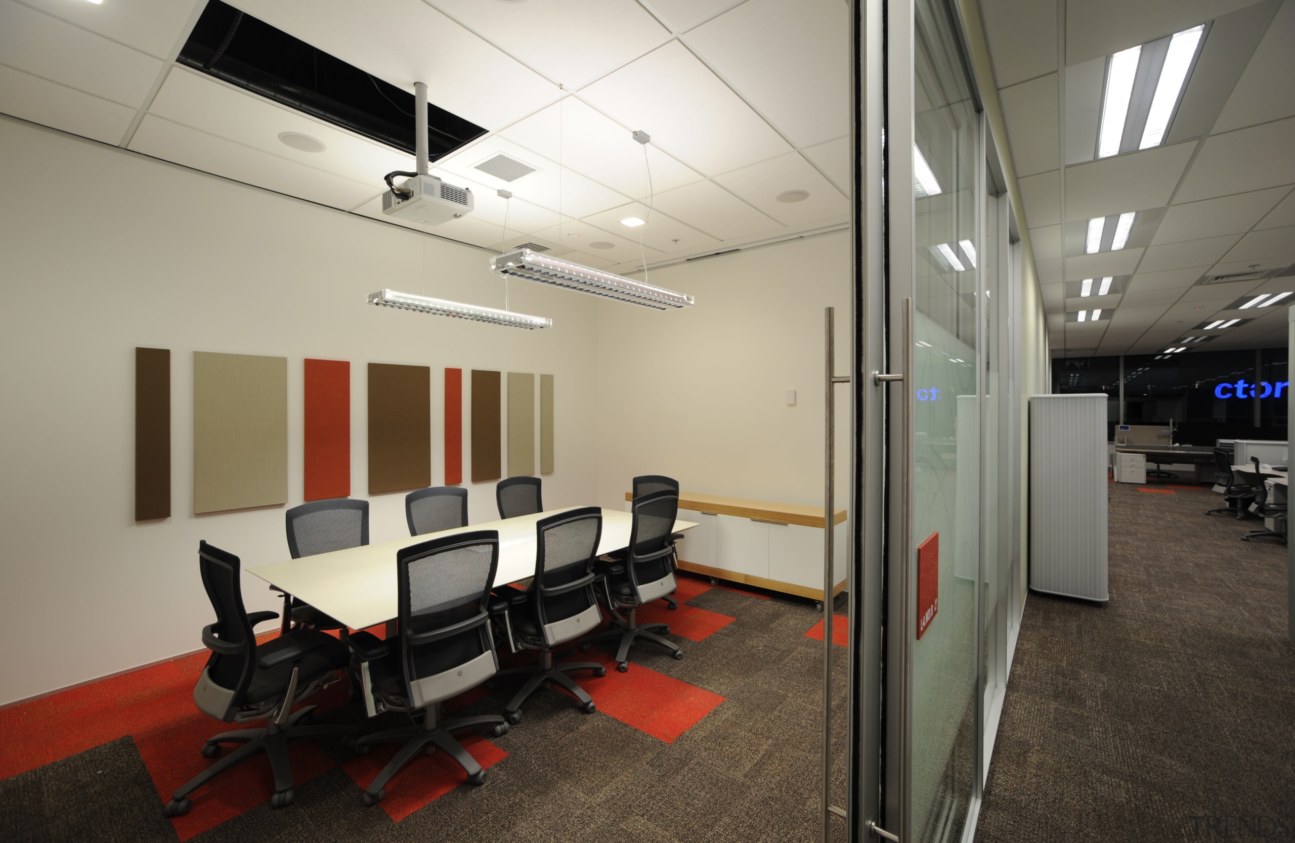 The new meeting rooms each featuring different colour ceiling, interior design, office, structure, gray, black