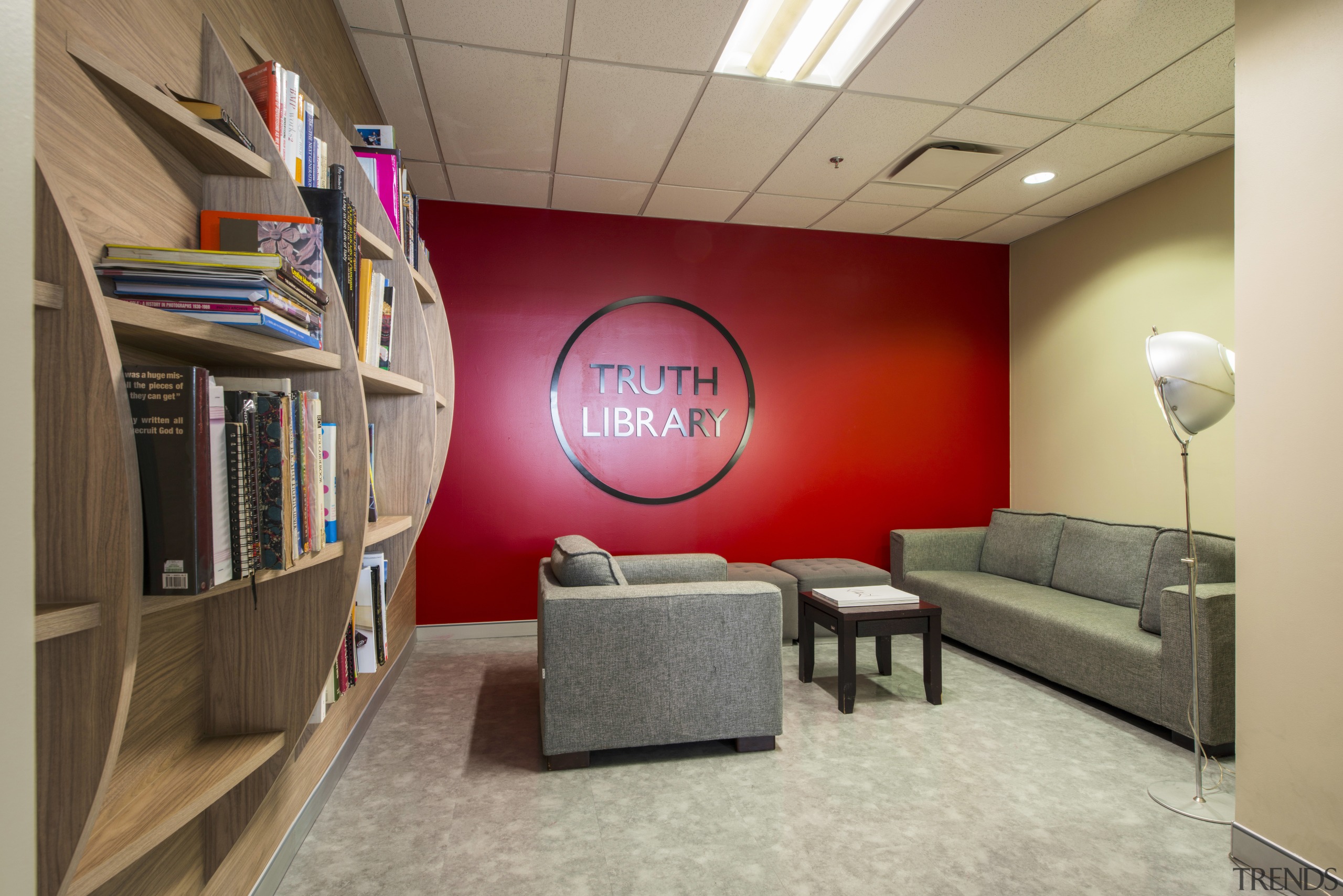 The credo of creative agency McCann Worldgroup is ceiling, furniture, interior design, room, gray, brown