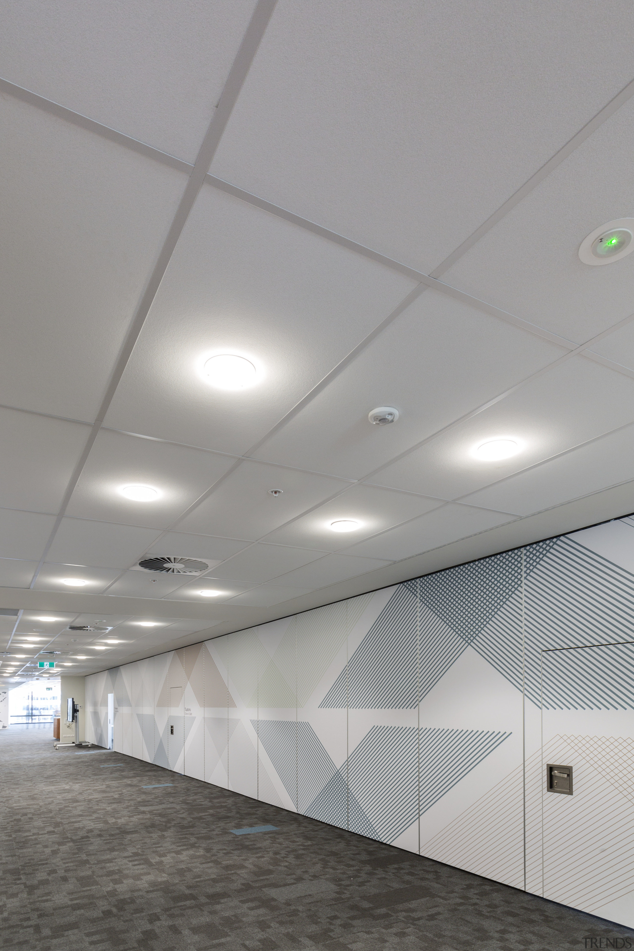 Armstrong Ultima ceiling tiles contributed to the acoustic architecture, ceiling, daylighting, daytime, light, lighting, line, wall, gray