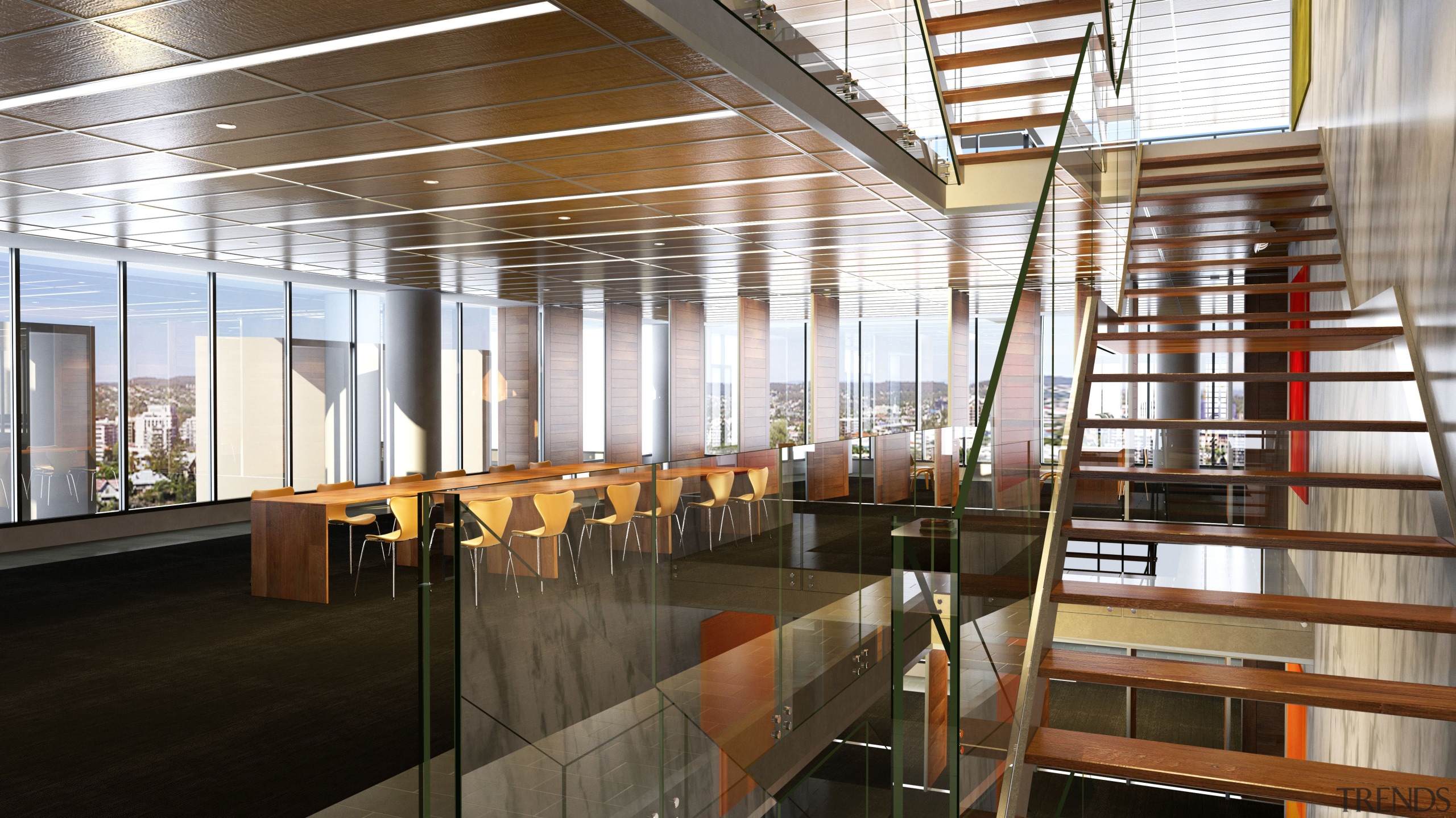 View of a stairway with glass balustrade inside architecture, daylighting, institution, interior design, white, brown