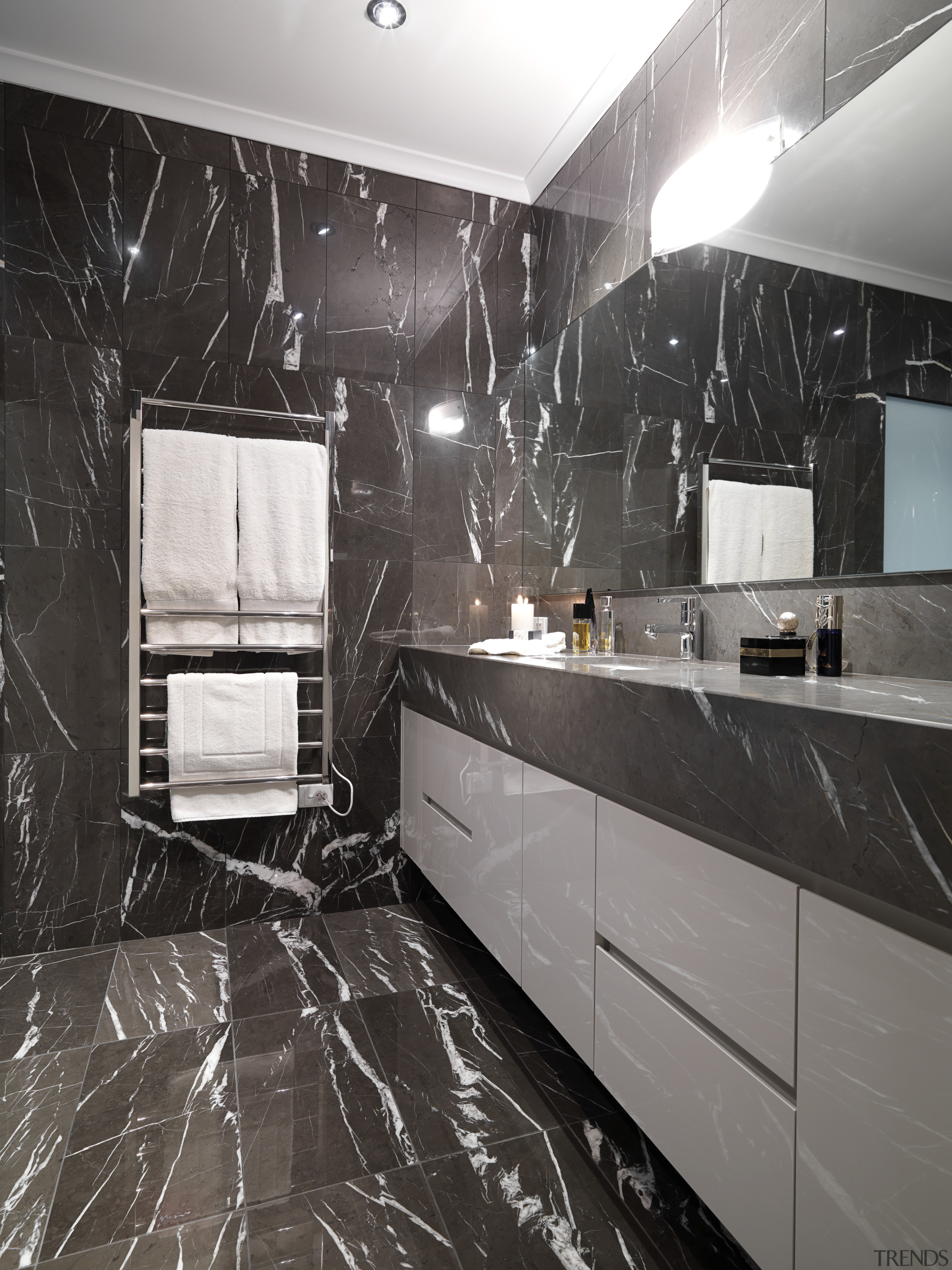 View of bathroom which features chocolate-coloured marble floor bathroom, ceiling, countertop, floor, flooring, interior design, kitchen, room, tile, wall, black, gray