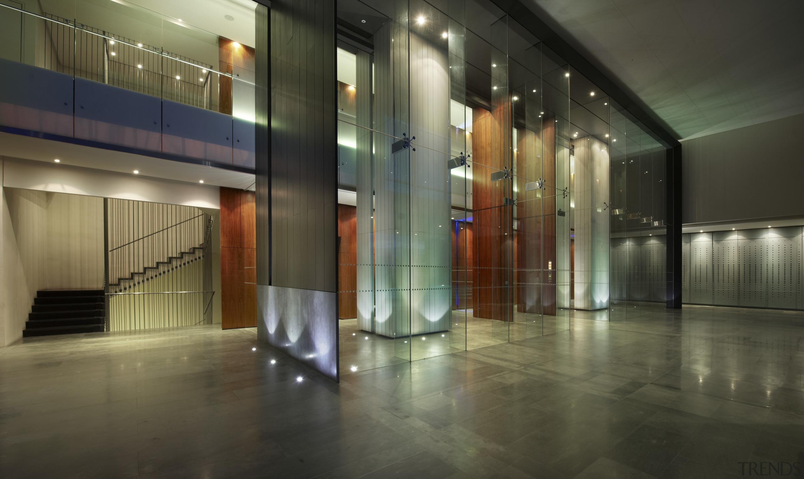 View of lobby at the Springtide Residences which architecture, floor, glass, interior design, lobby, black, brown