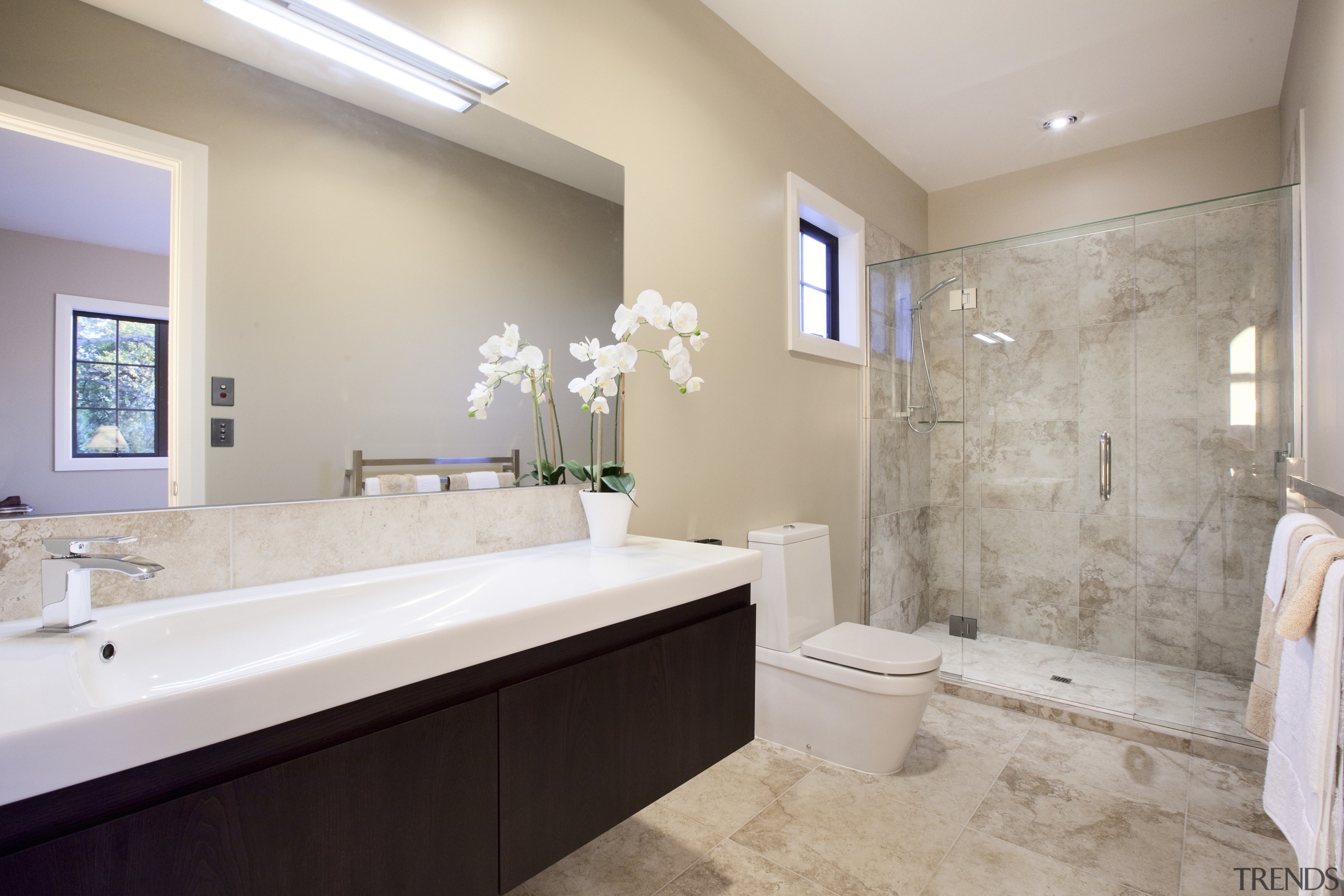 This house was designed and built by Landmark bathroom, estate, floor, home, interior design, property, real estate, room, tile, gray