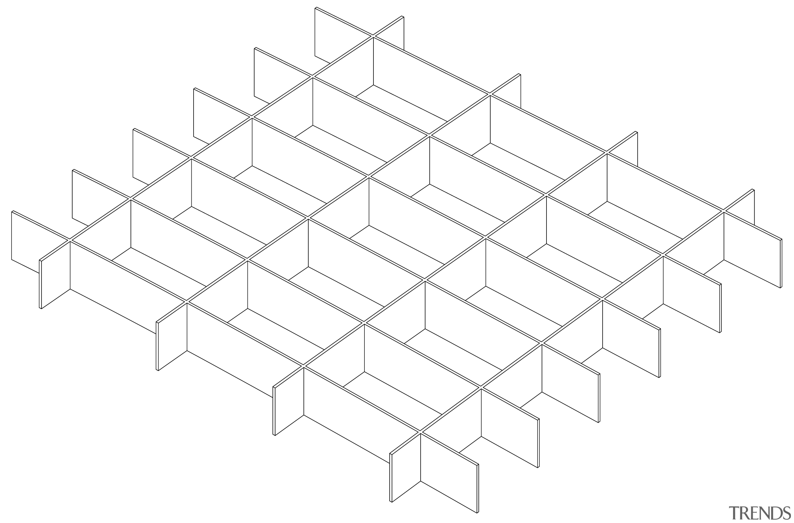 Interlocking plywood elements create an inexpensive yet dramatic, angle, area, black and white, drawing, line, line art, point, product design, structure, symmetry, white