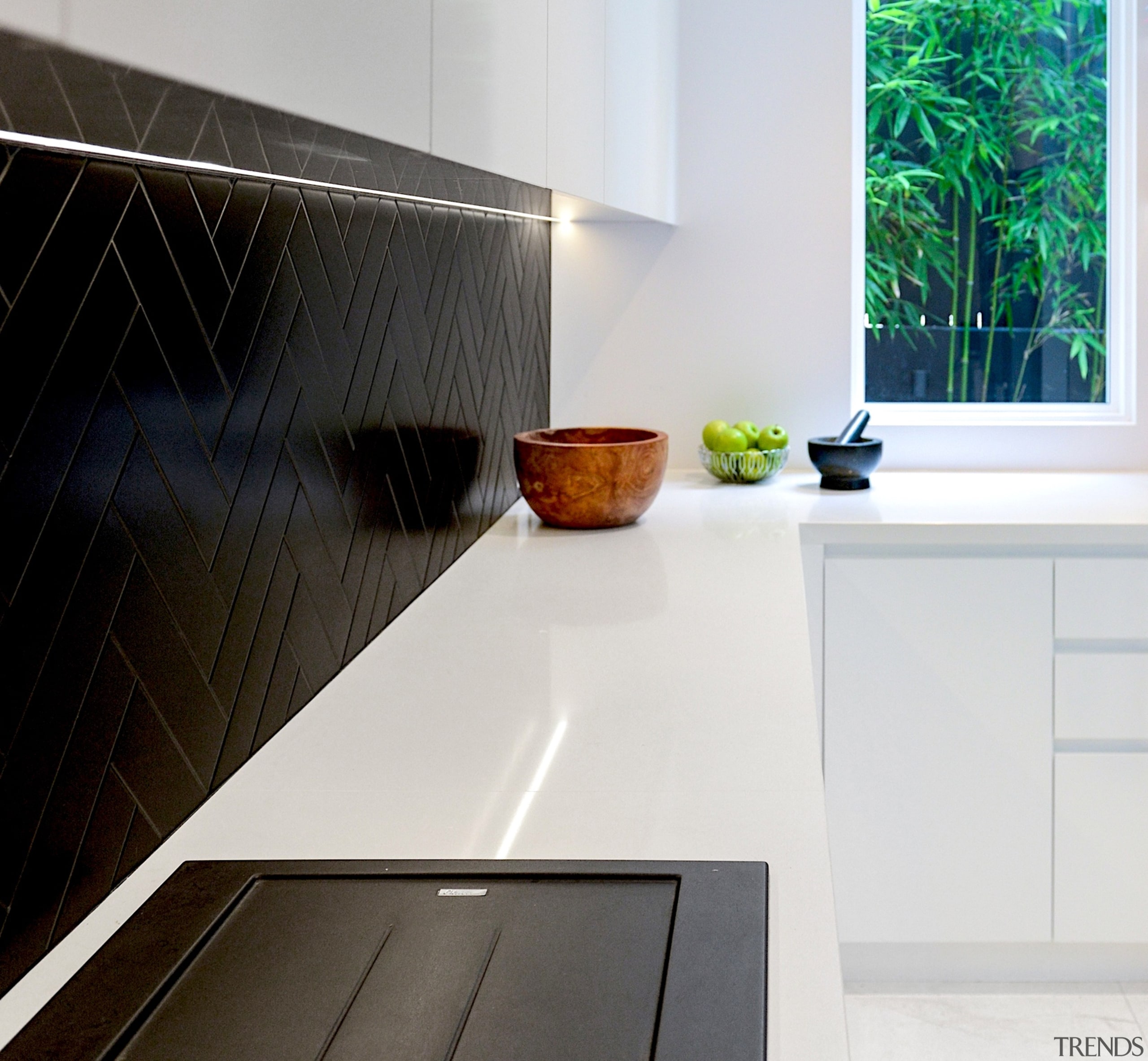 Black and white are balanced to crisp effect architecture, building, ceramic, countertop, floor, flooring, furniture, gloss, hardwood, home, house, interior design, kitchen, line, marble, material property, property, room, tap, tile, white, white, black