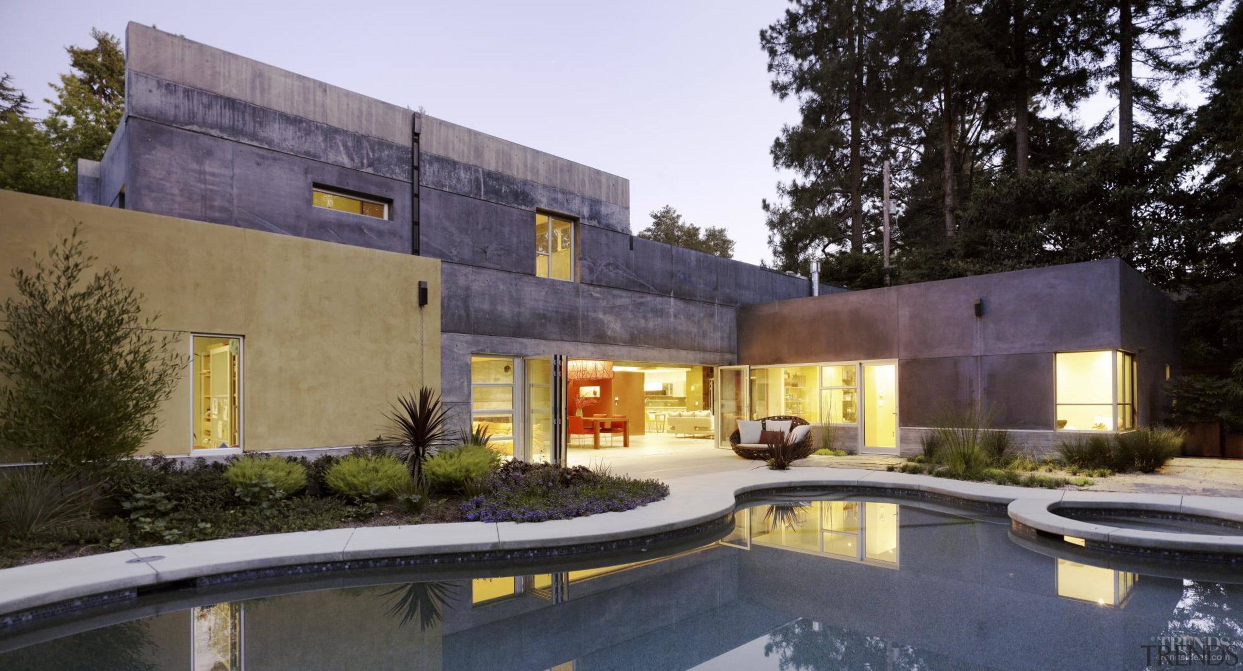 At the rear the house opens up to architecture, building, estate, facade, home, house, property, real estate, black