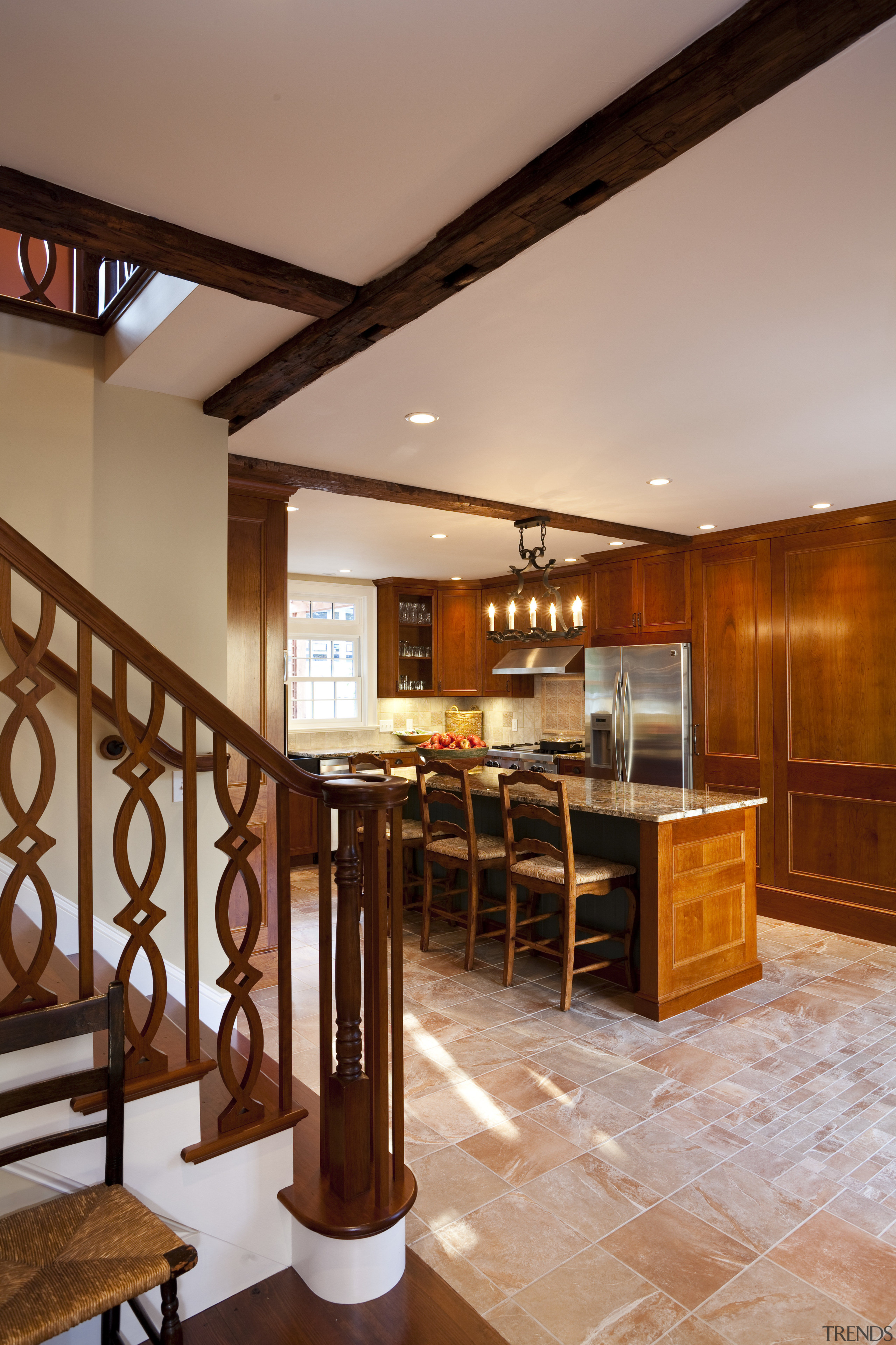 Stairwell view of a Traditional Kitchen The Wooden ceiling, floor, flooring, hardwood, interior design, kitchen, living room, wood, wood flooring, orange, brown