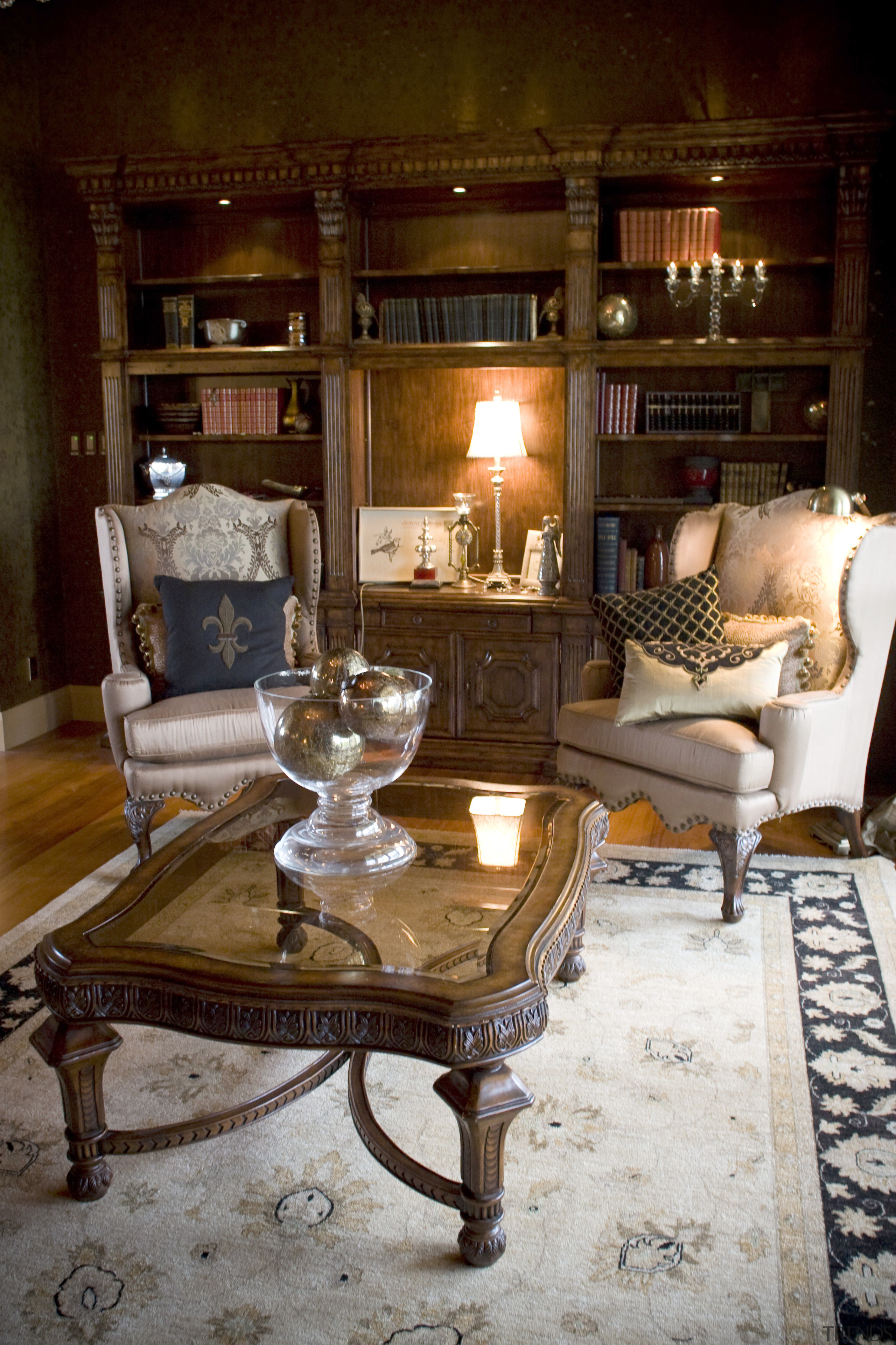 View of living area with exotic furnishings, original chair, coffee table, furniture, home, interior design, living room, room, table, brown, red