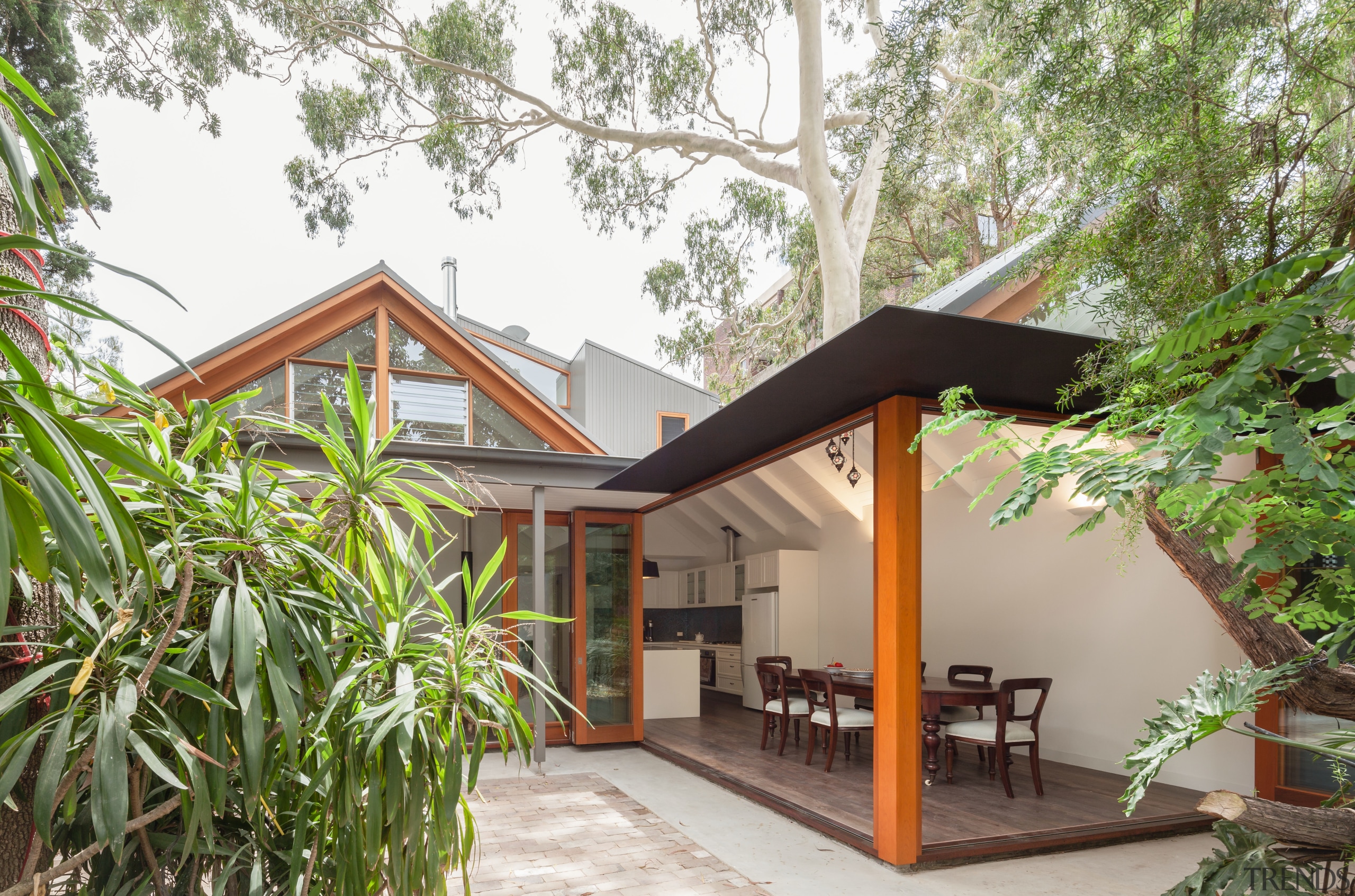 Reminiscent of a Japanese courtyard house, this renovated backyard, cottage, estate, home, house, property, real estate, roof