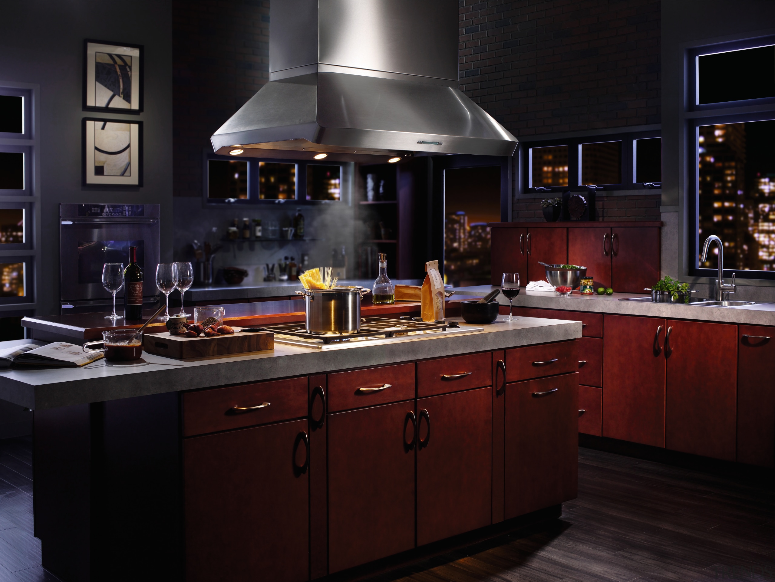 Range hoods from Best are engineered to clean cabinetry, countertop, cuisine classique, interior design, kitchen, under cabinet lighting, black