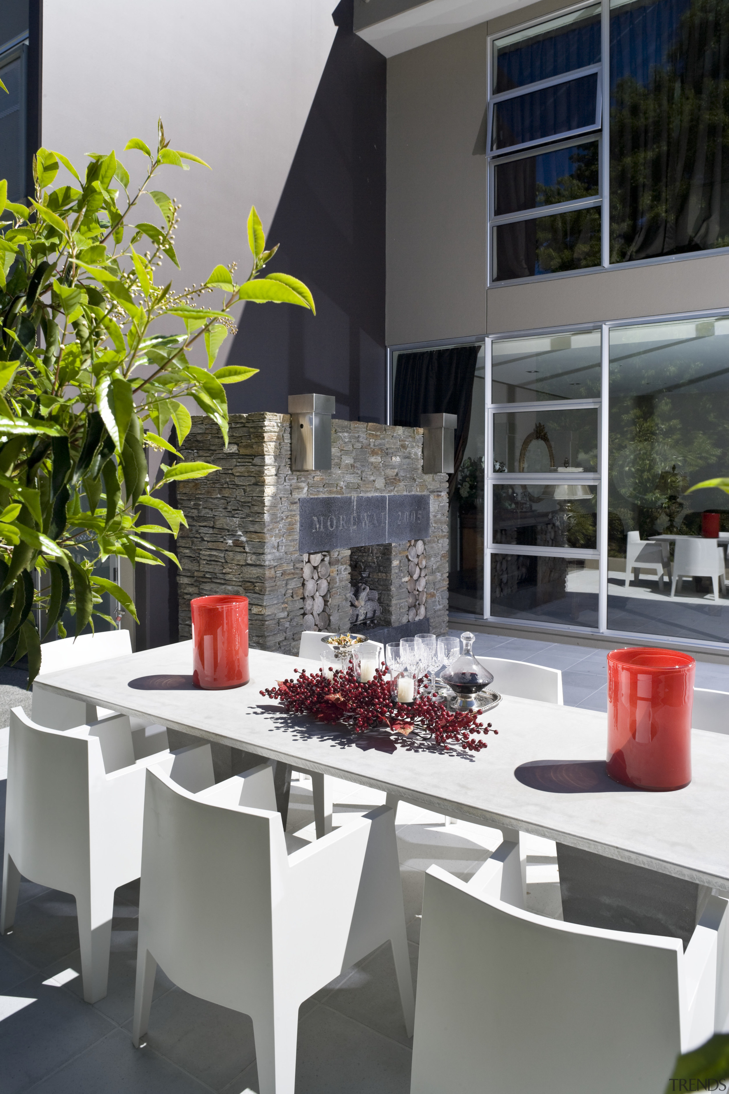 View of patio with water and sun resistant chair, flowerpot, furniture, home, interior design, plant, table, gray, black