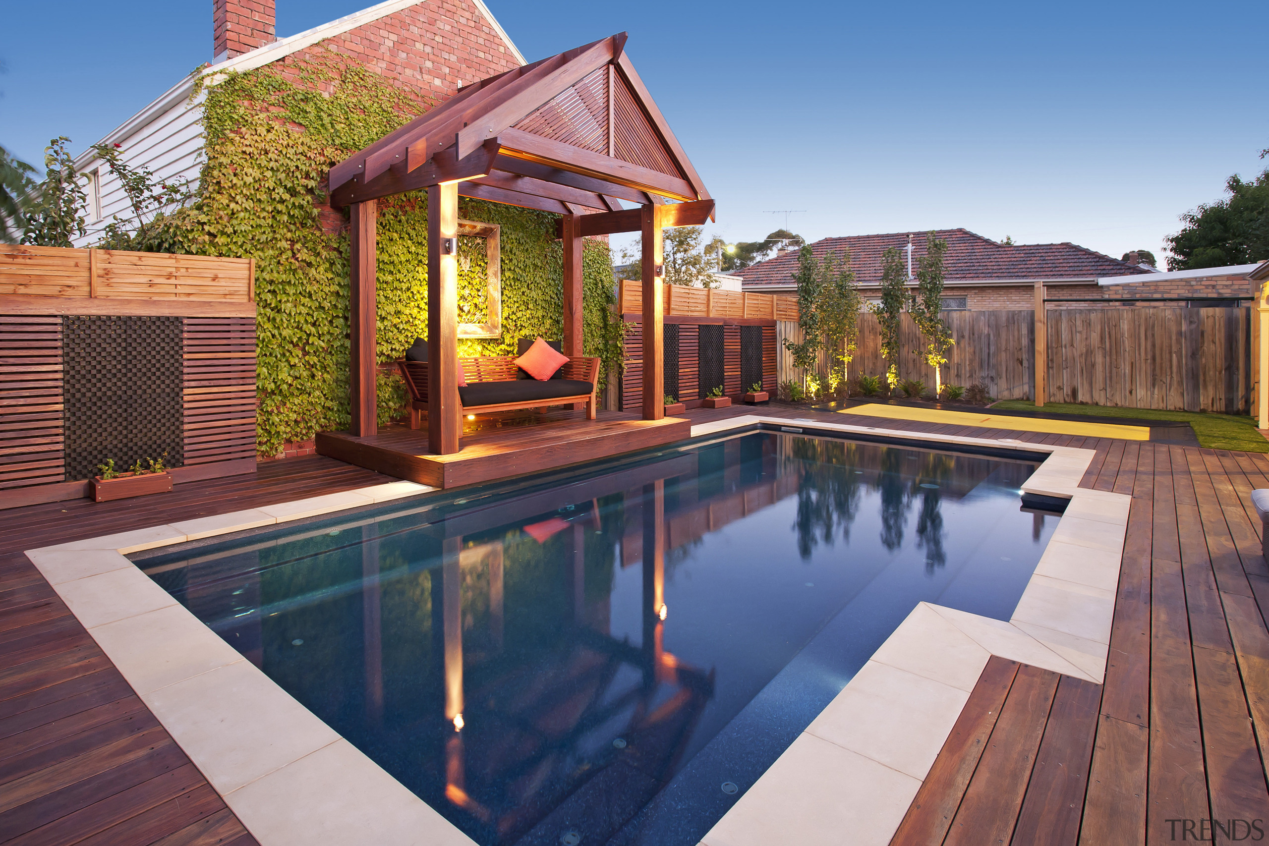 Narellan Pools offers contemporary, affordable in-ground pools to backyard, deck, estate, home, house, leisure, outdoor structure, property, real estate, swimming pool, wood, red