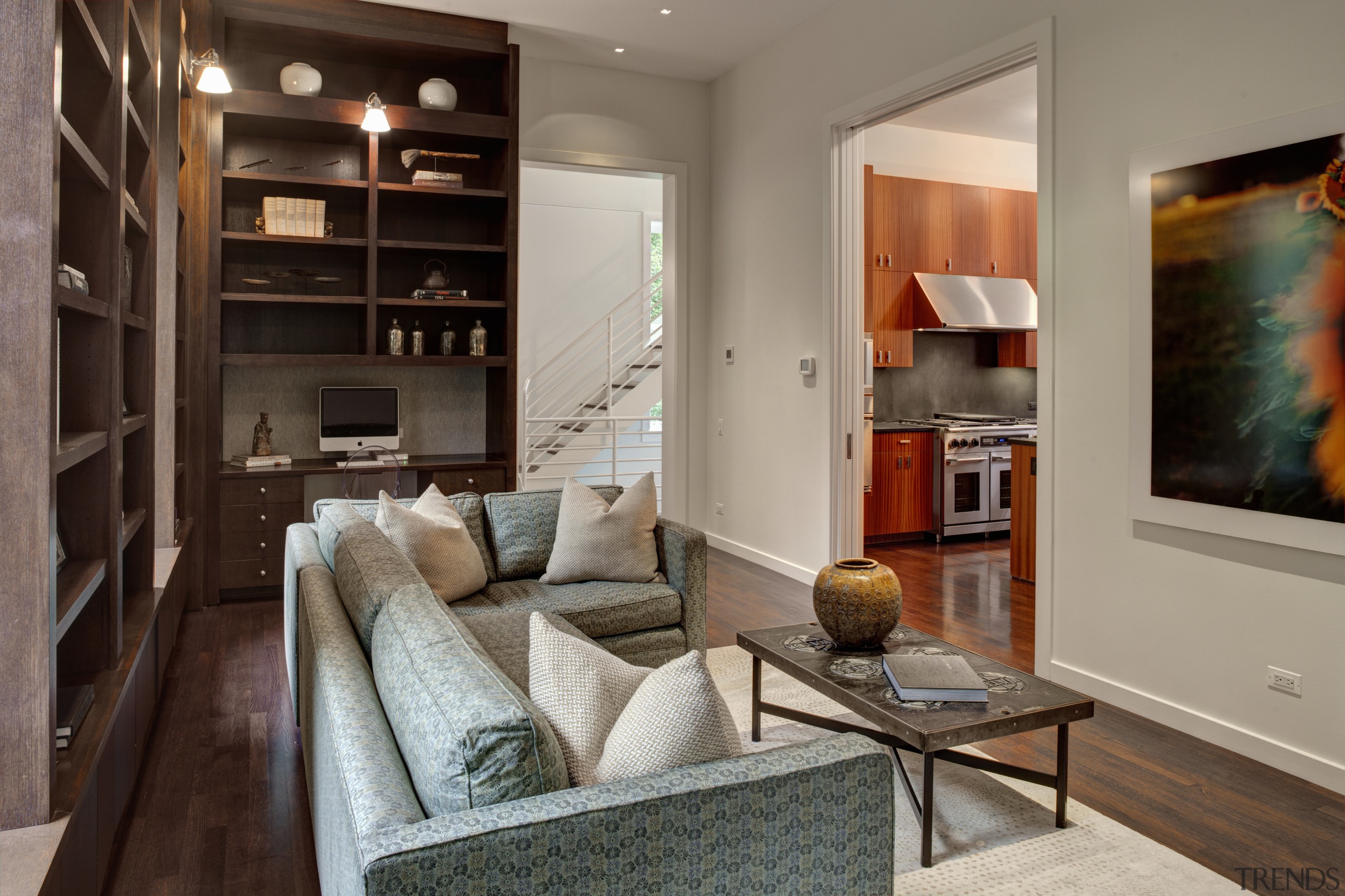 Crisp simplicity defines this contemporary kitchen in an home, interior design, living room, real estate, room, gray, brown