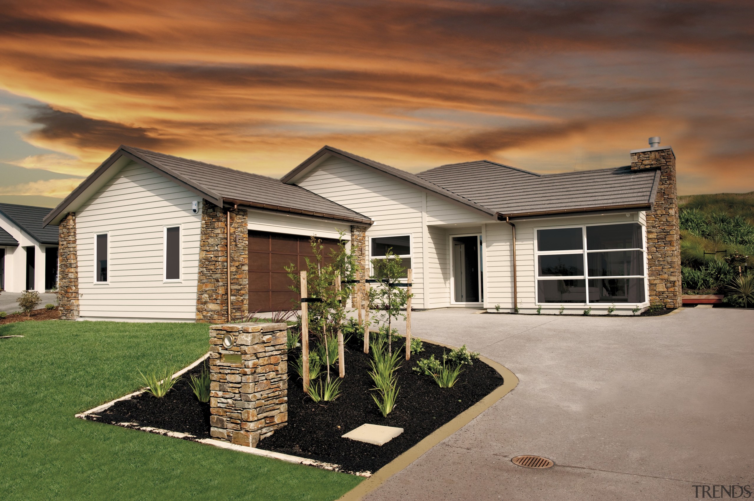 Here is a view of the new spouting cottage, elevation, estate, facade, farmhouse, home, house, landscape, property, real estate, residential area, roof, siding, suburb, brown