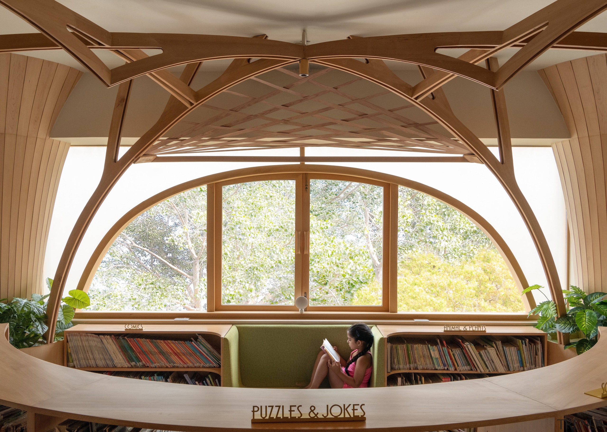 Built-in benches below windows offer informal seating. 
