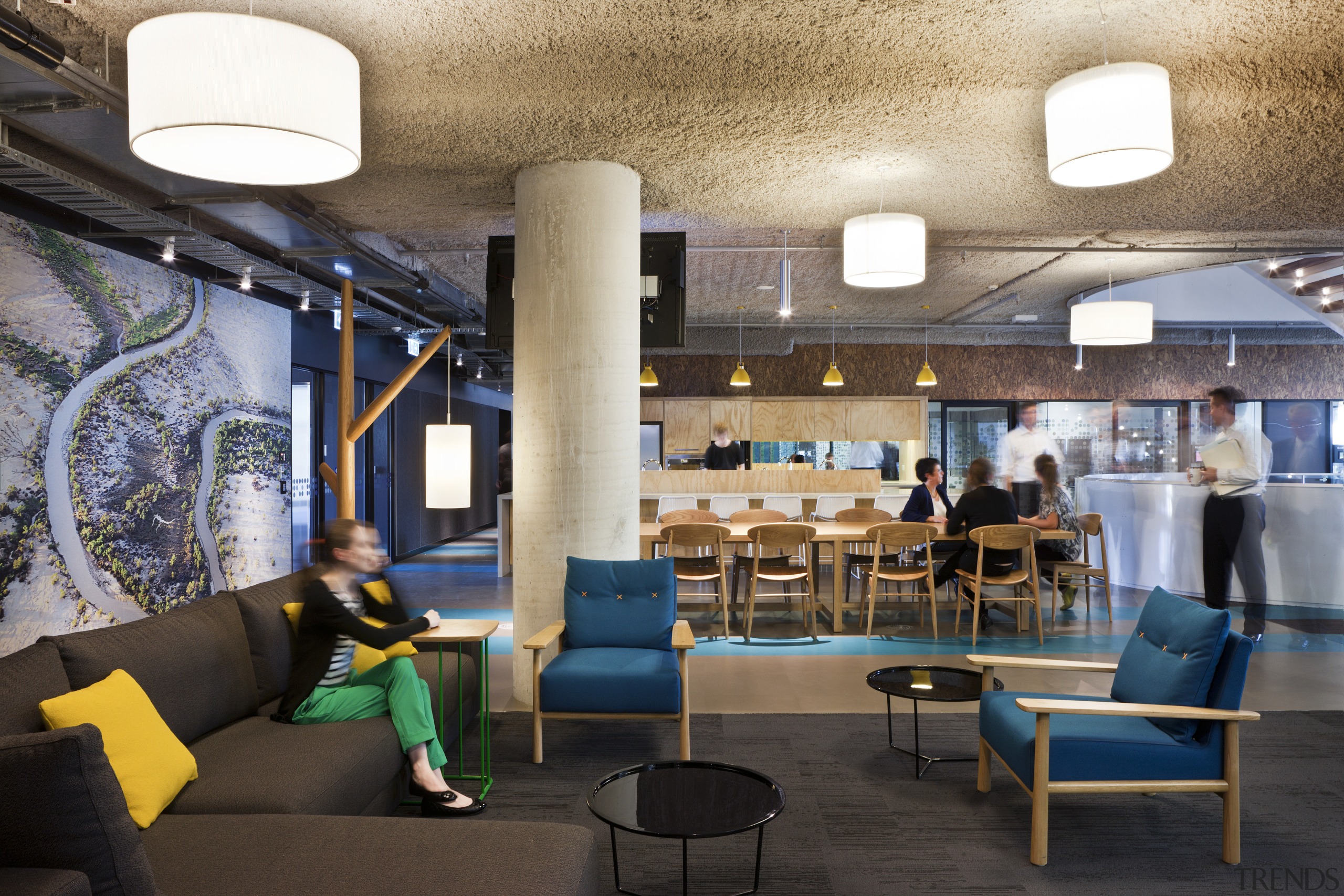 Geographically themed floors reinforce Aurecons global reach. furniture, interior design, lobby, black