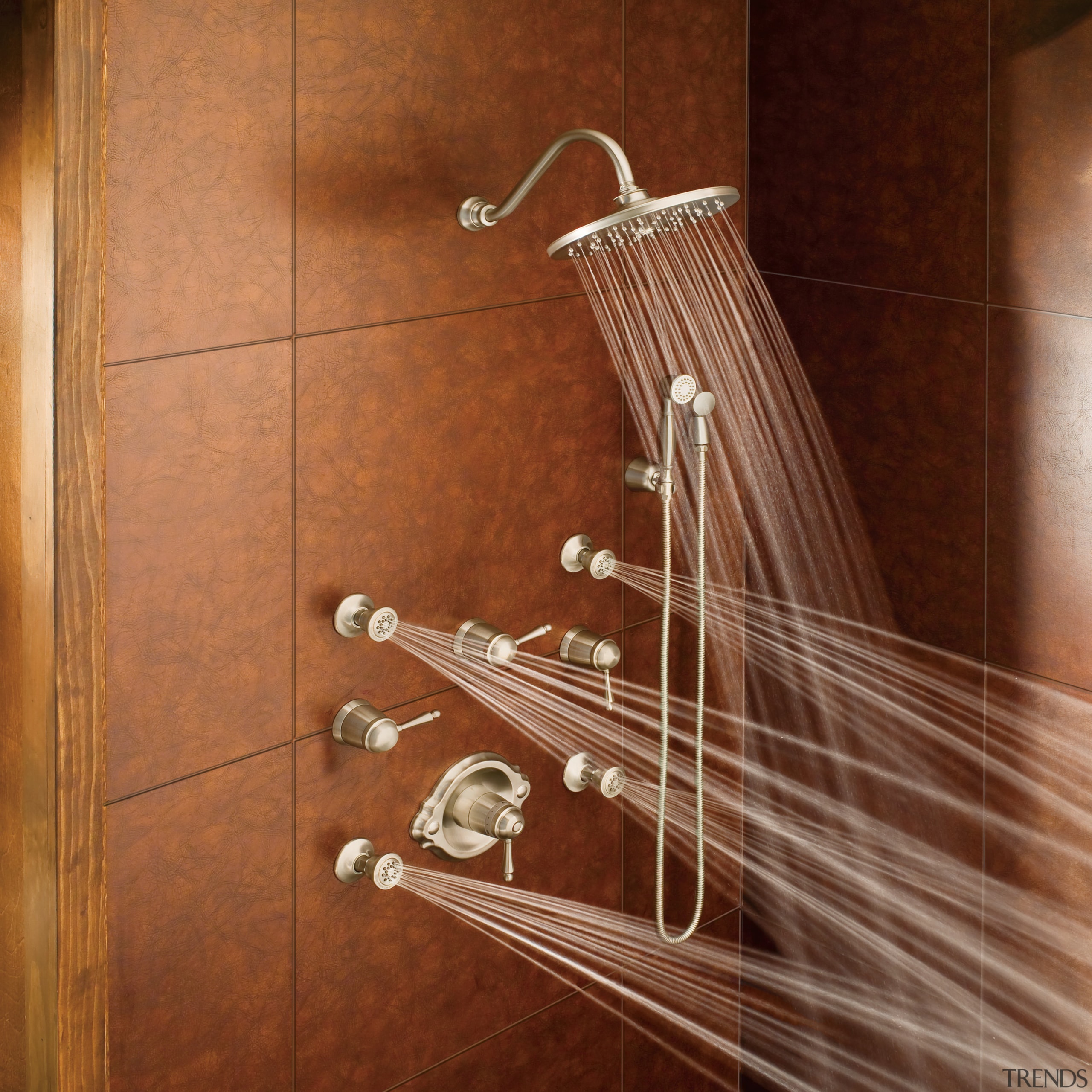 View of the ExactTemp showerheads available from ShowHouse. bathroom, floor, flooring, hardwood, musical instrument, plumbing fixture, string instrument, tile, wood, wood stain, brown