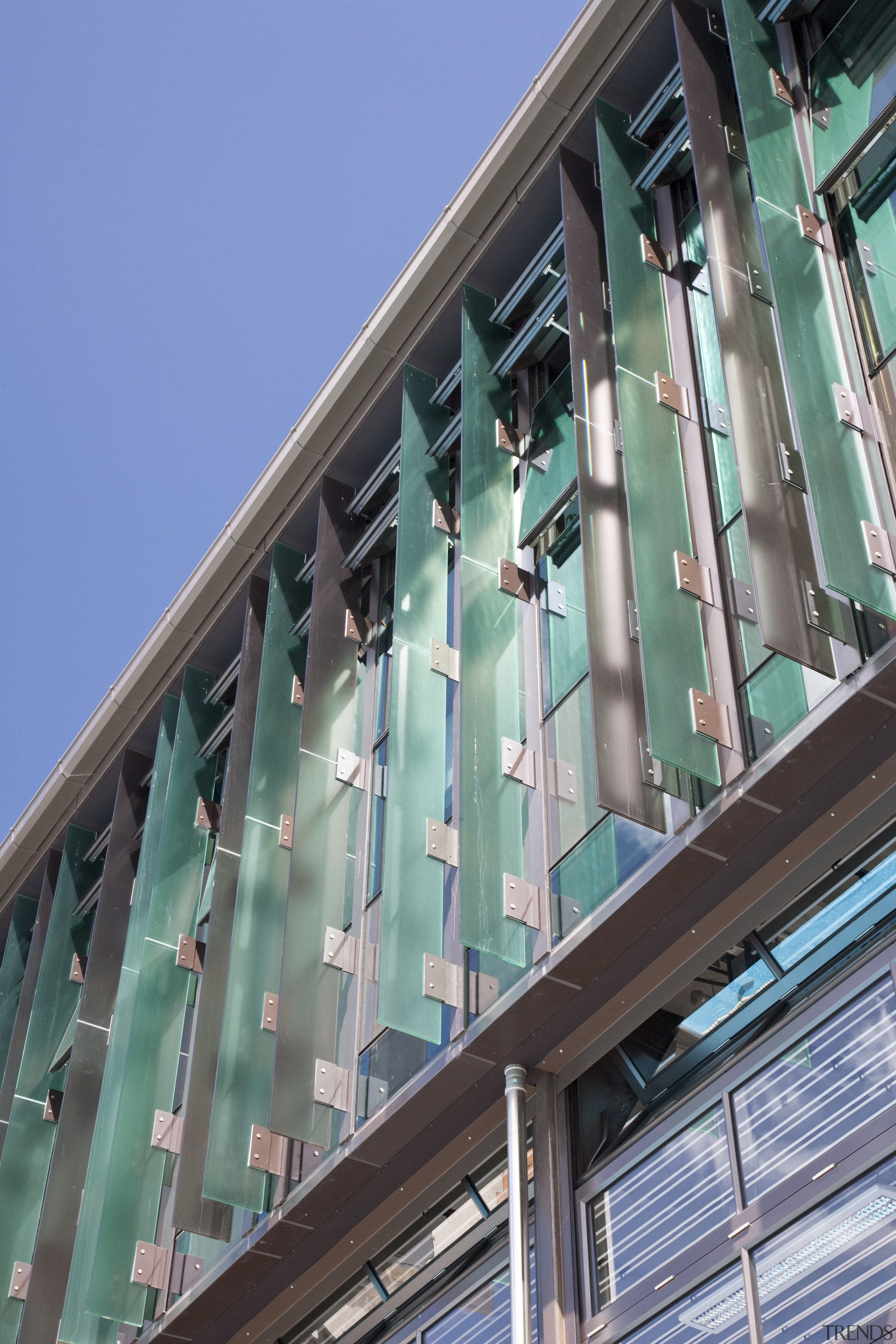 Exterior view of the new technology block at architecture, building, condominium, daylighting, daytime, facade, metropolis, metropolitan area, residential area, sky, structure, urban area, window, teal, gray