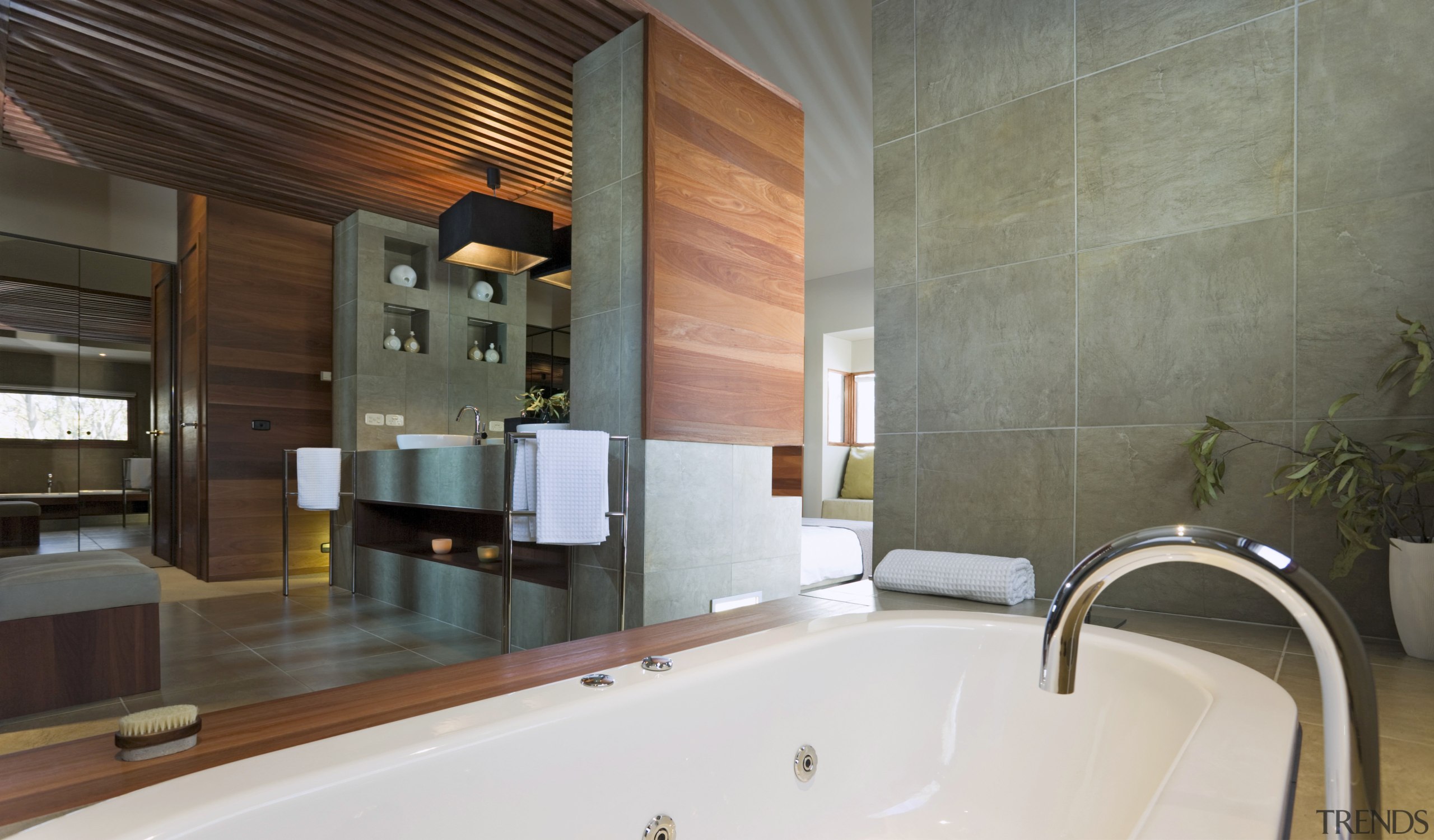 Bathroom, featuring bathtub with timber surround, tiled flooring, bathroom, estate, interior design, room, gray