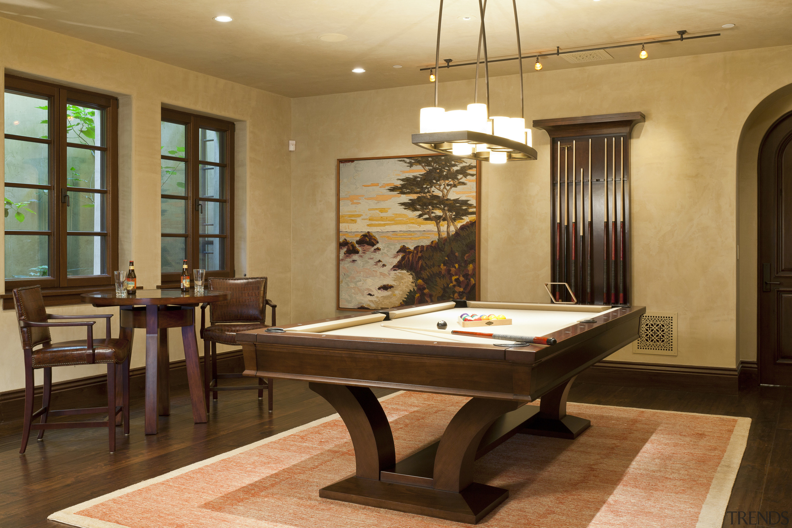 Santa Barbara-Meditteranean-style interior by Alison Whittaker billiard room, billiard table, dining room, furniture, interior design, pool, recreation room, room, table, brown, orange