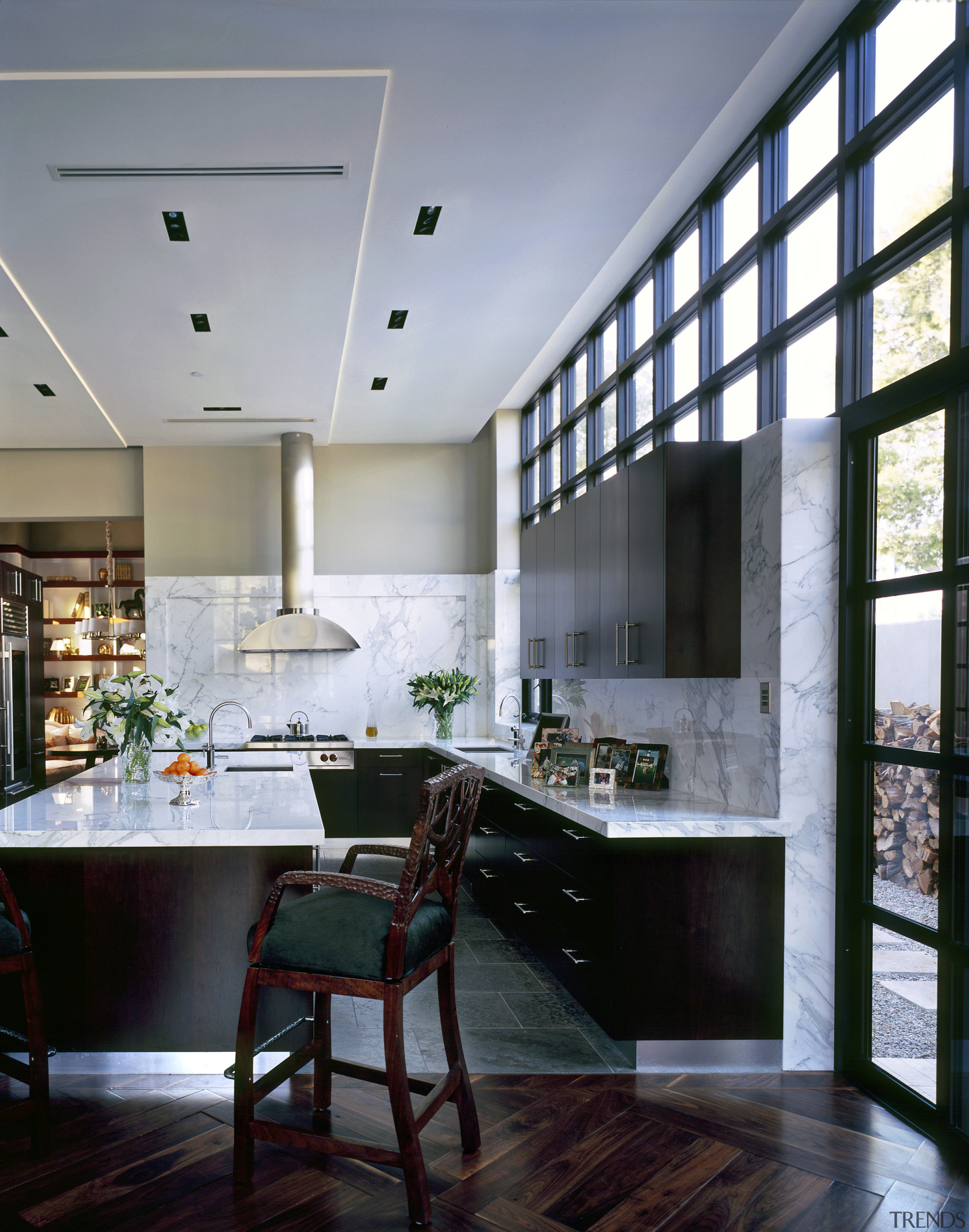 View of a new kitchen which features limestone architecture, ceiling, countertop, home, interior design, kitchen, room, window, gray, black