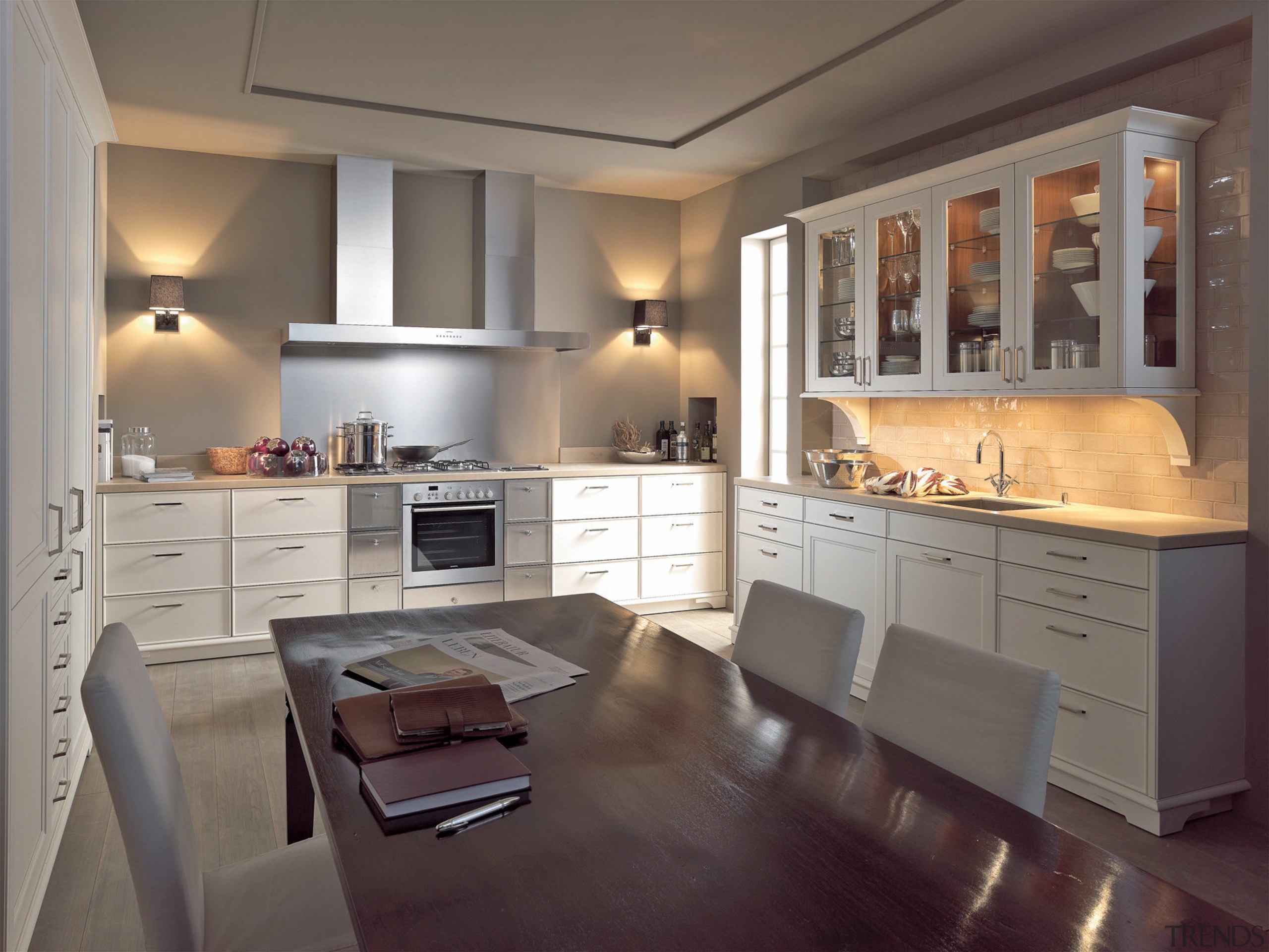 View of kitchen which features square stainless steel cabinetry, countertop, cuisine classique, interior design, kitchen, room, gray