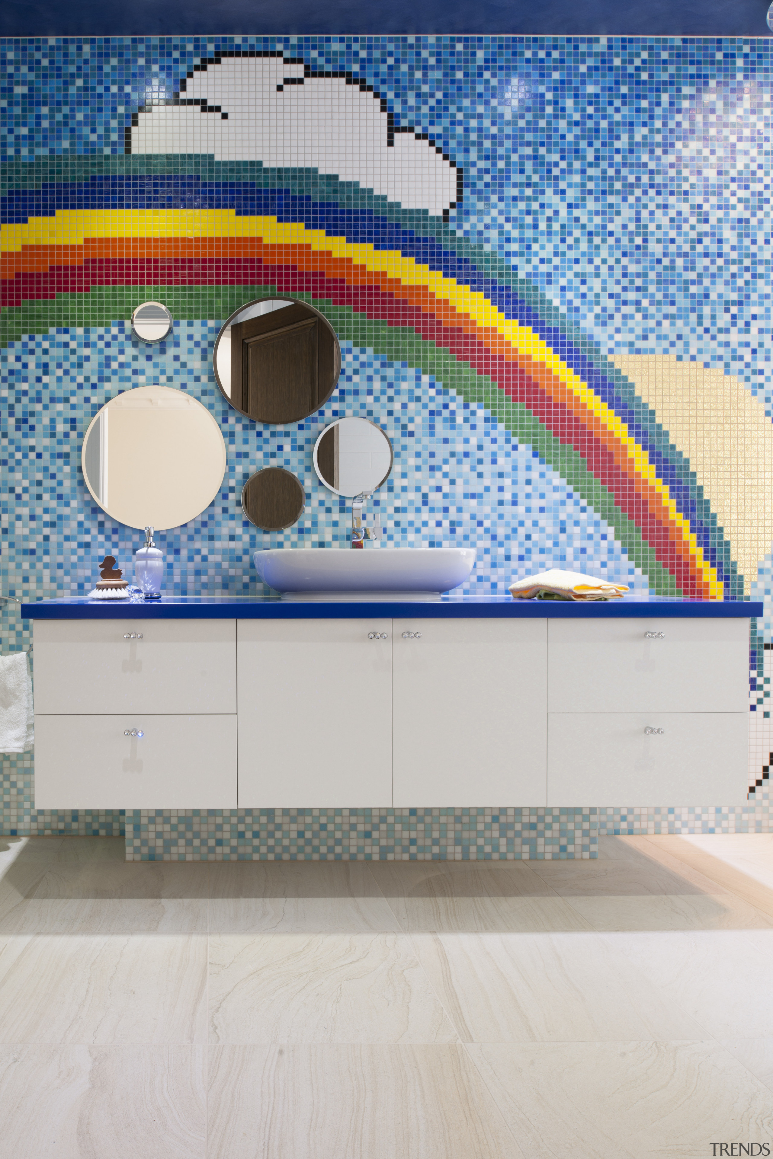 Colorful children's bathroom - Colorful children&apos;s bathroom - architecture, interior design, mural, wall, gray