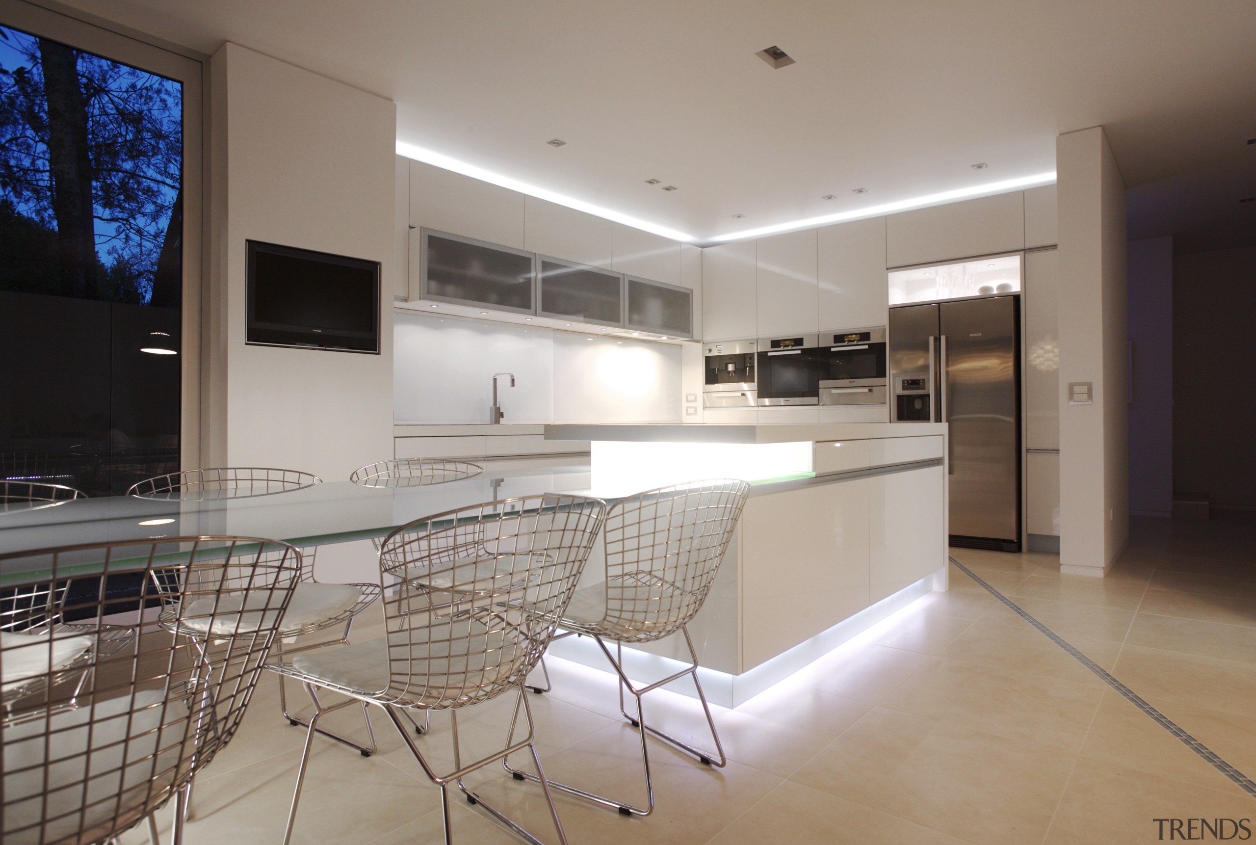 The kitchen also features LED strip lighting and architecture, countertop, floor, flooring, house, interior design, kitchen, property, real estate, room, gray