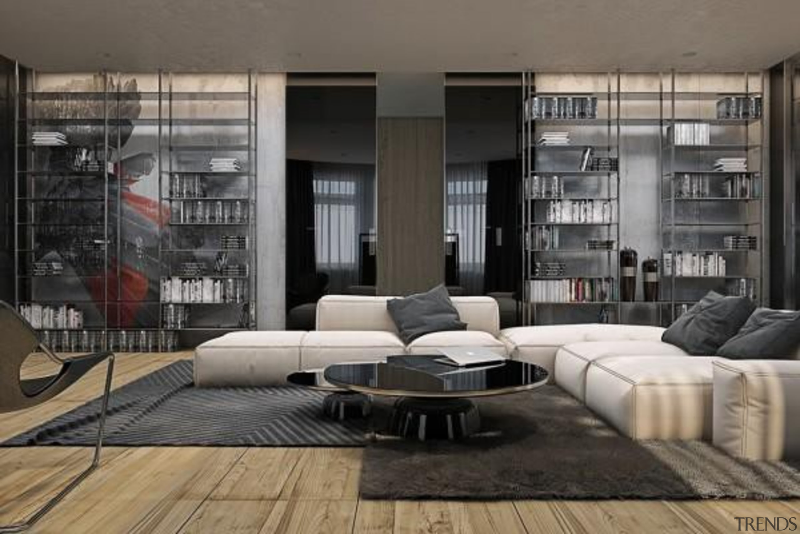 modern industrial design - Masculine Apartments - floor floor, furniture, interior design, living room, table, window, gray, black