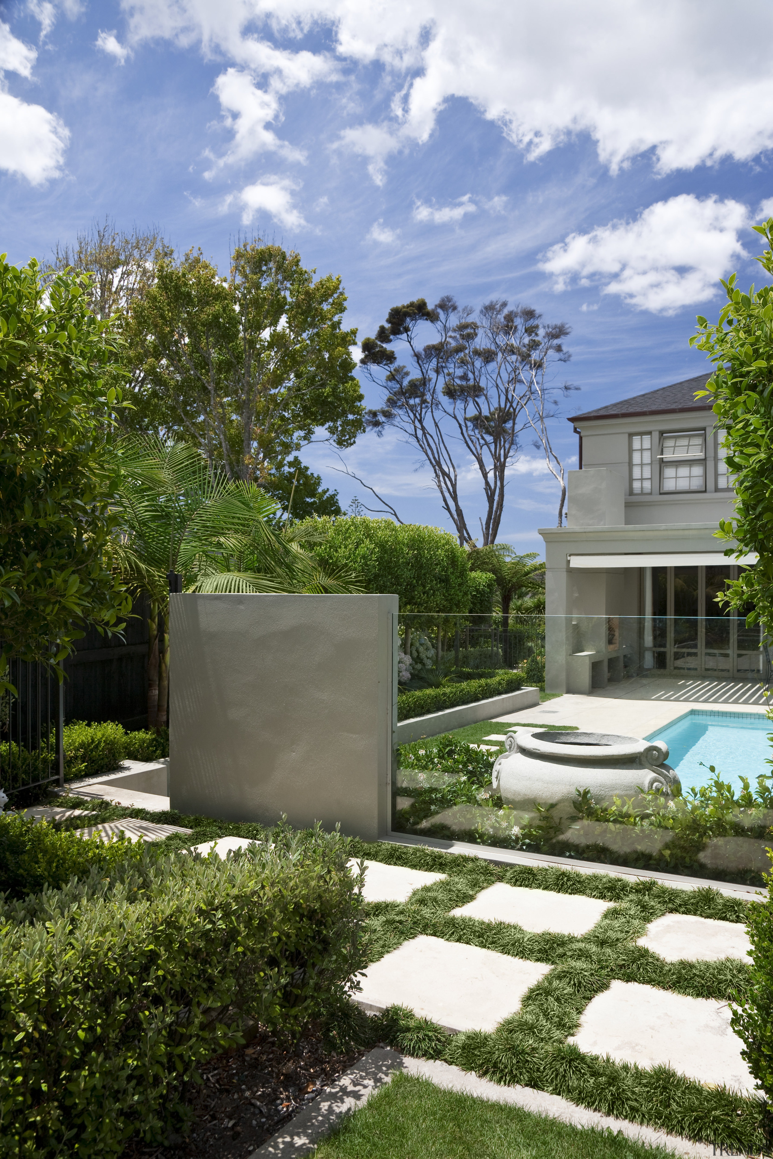 View of garden designed by Robin Shafer Design architecture, daytime, estate, garden, grass, home, house, landscape, landscaping, plant, real estate, residential area, sky, tree, yard, brown