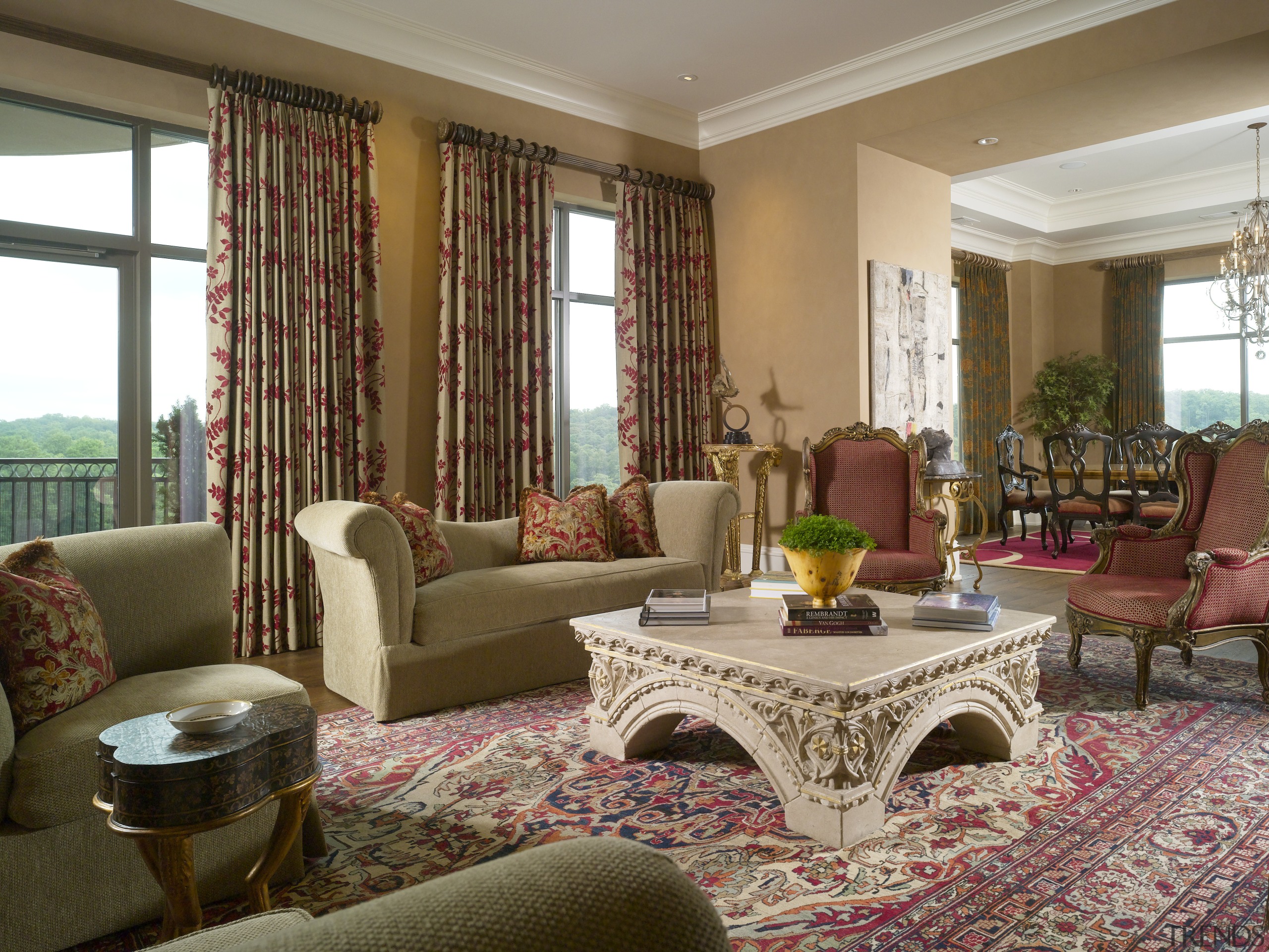 View of the living room featuring floor length ceiling, curtain, estate, home, interior design, living room, property, real estate, room, suite, window, window covering, window treatment, brown