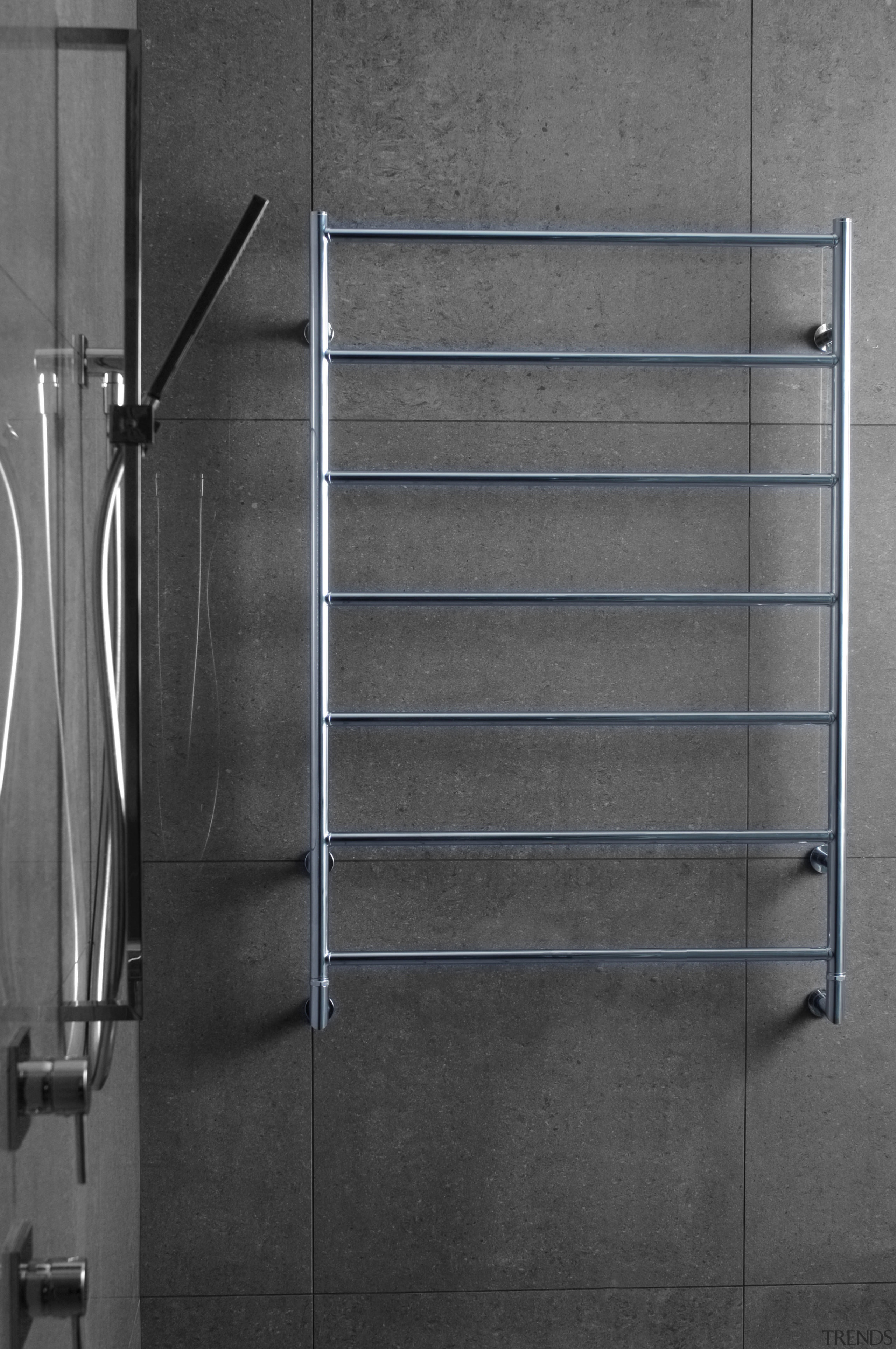 Image of a heated towel rail available from black and white, glass, handrail, metal, monochrome, product, product design, wall, gray, black