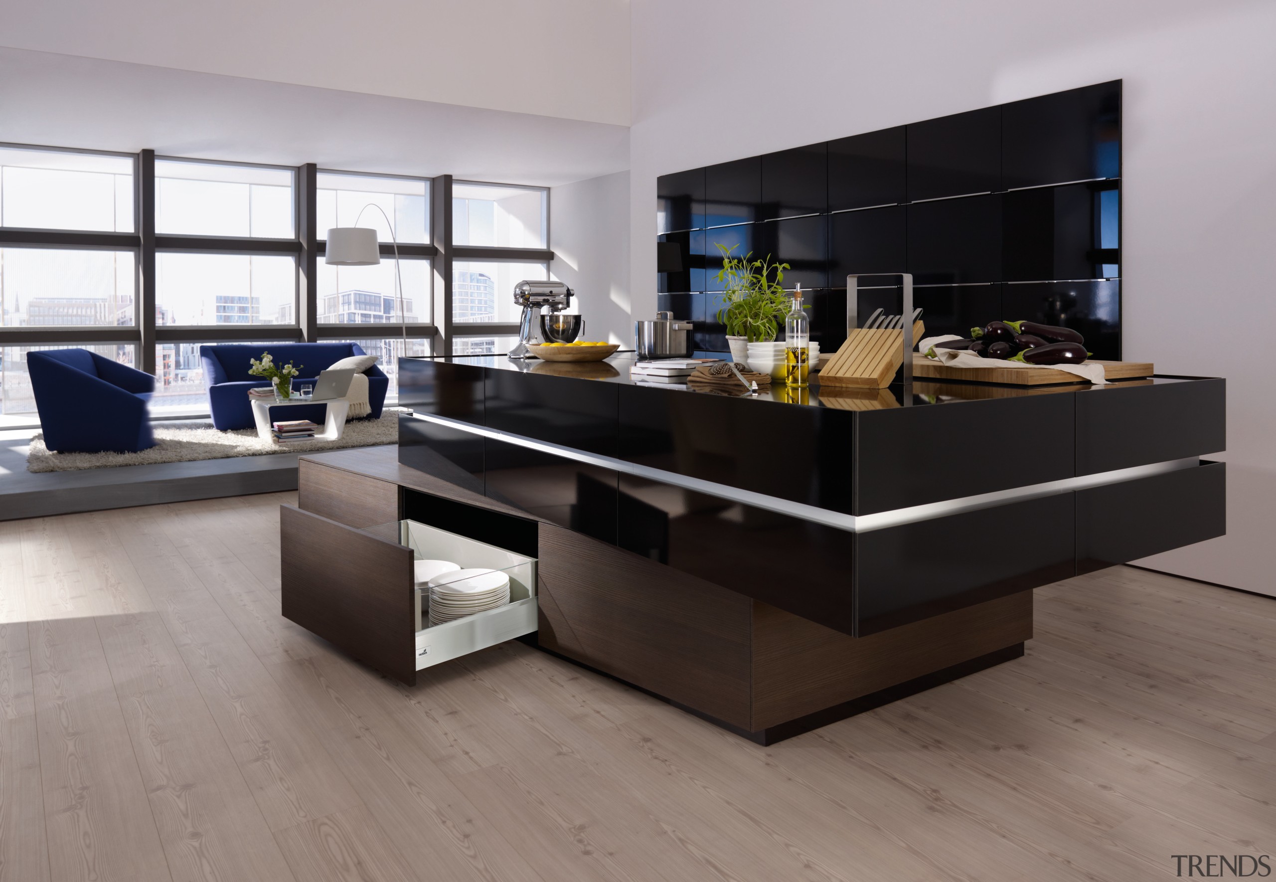 This kitchen is fully equipped with the new floor, flooring, furniture, interior design, table, gray, black