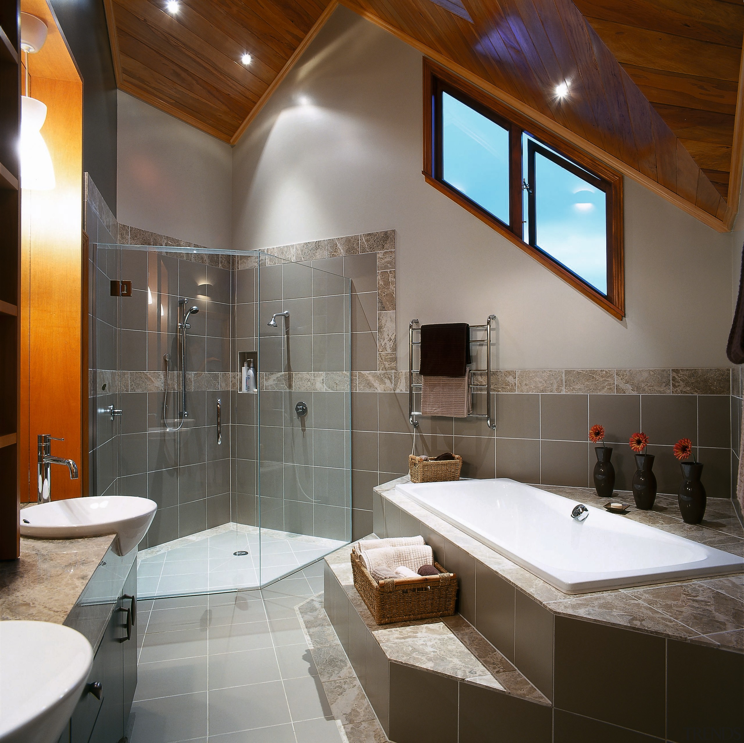The master bathroom of this magnificant home - architecture, bathroom, ceiling, estate, interior design, room, gray, brown