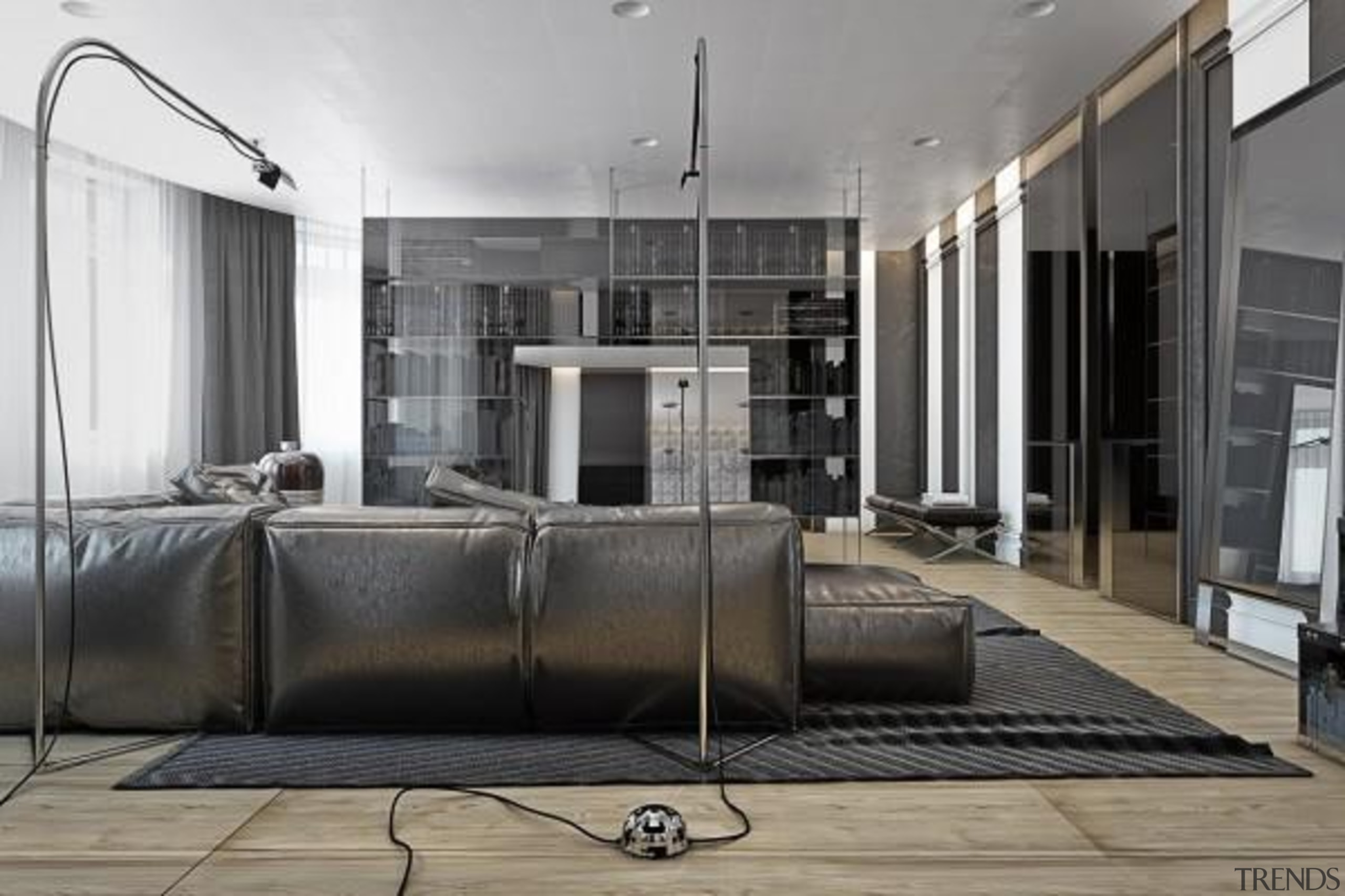 industrial design options - Masculine Apartments - floor floor, flooring, furniture, interior design, living room, gray, black