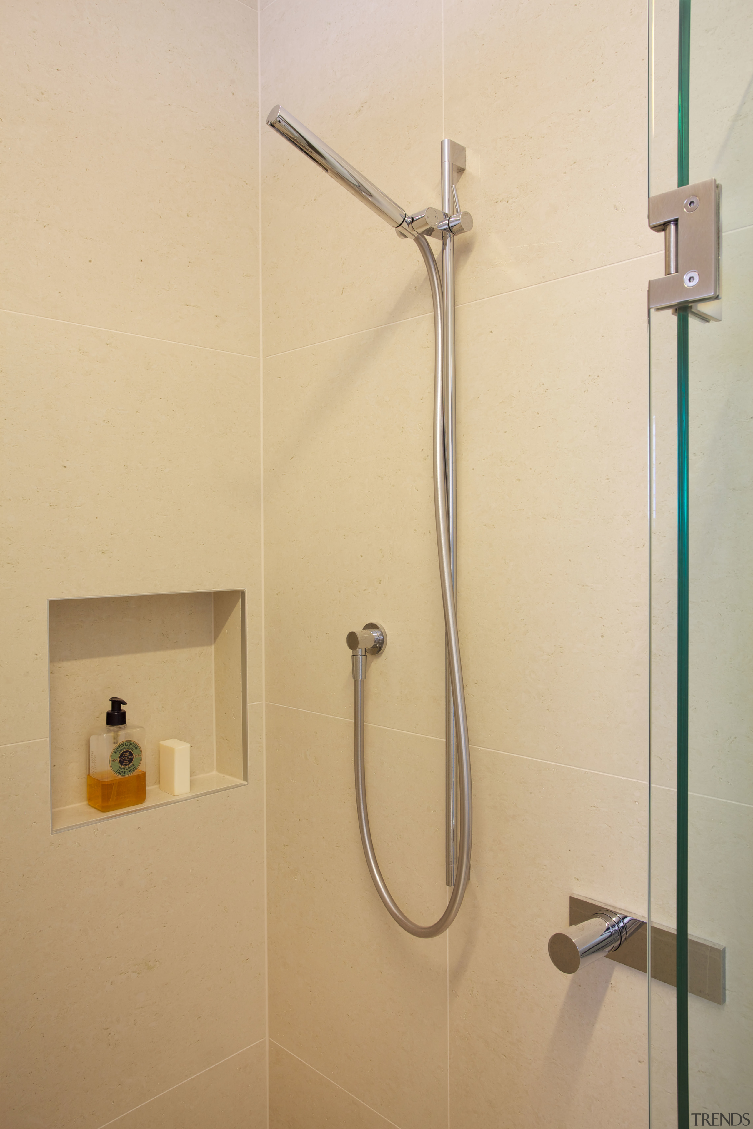 This fully tiled shower incorporates contemporary tapware, and bathroom, bathroom sink, plumbing fixture, product design, shower, tap, orange