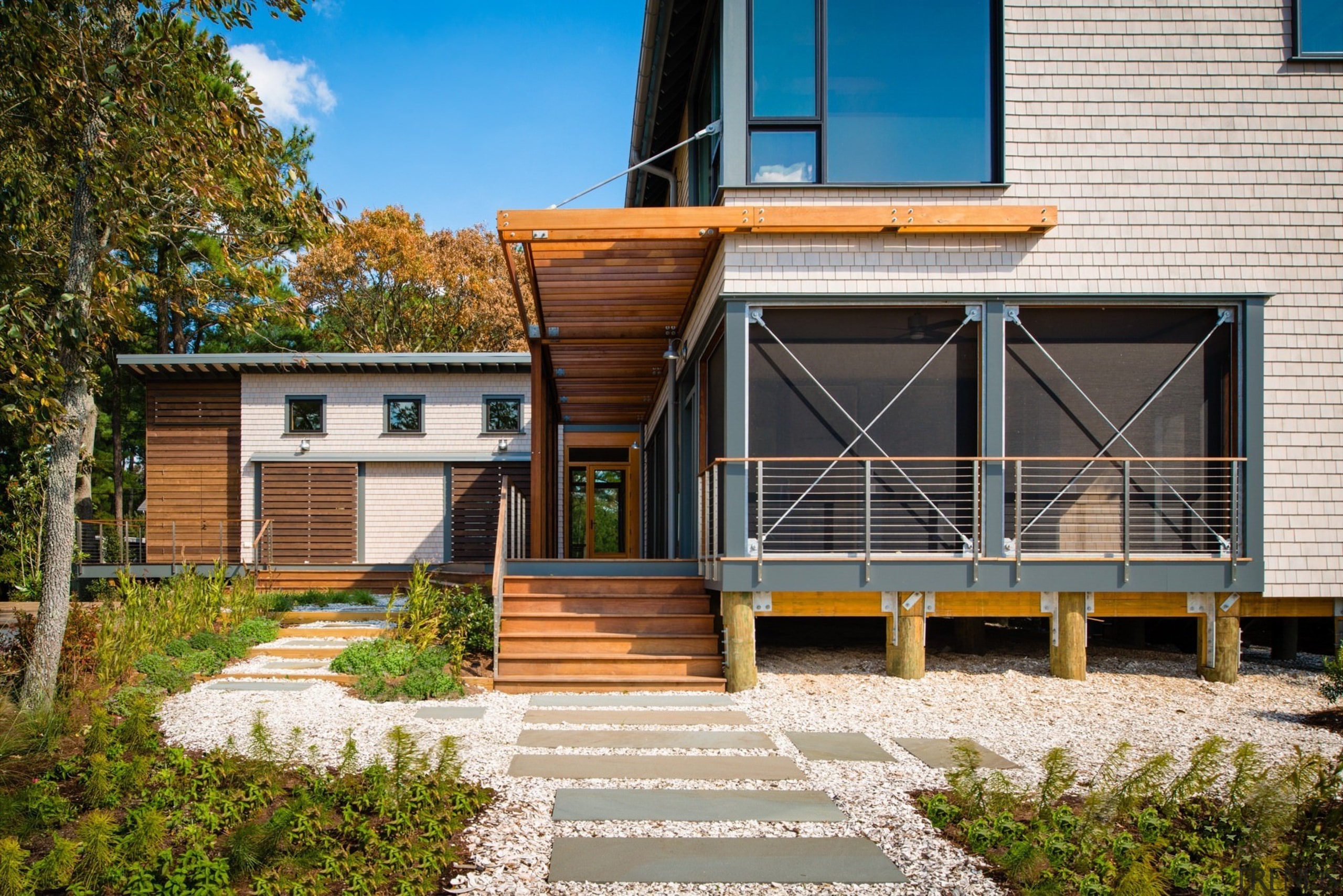 The pathway leading down to the pier - architecture, cottage, facade, home, house, property, real estate, residential area, siding, brown