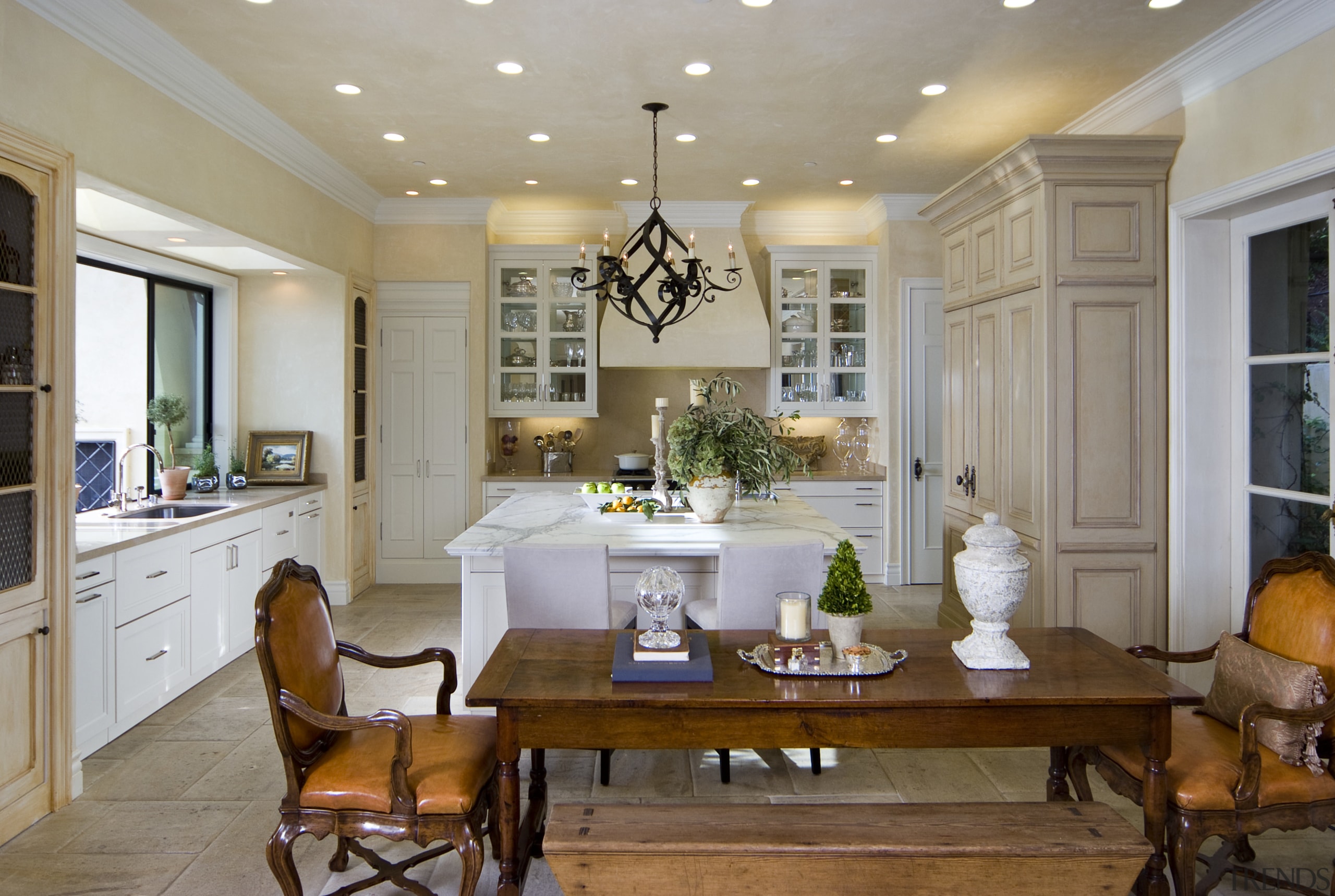 View of open plan kitchen and dining area ceiling, countertop, cuisine classique, dining room, estate, home, interior design, kitchen, living room, real estate, room, gray, brown