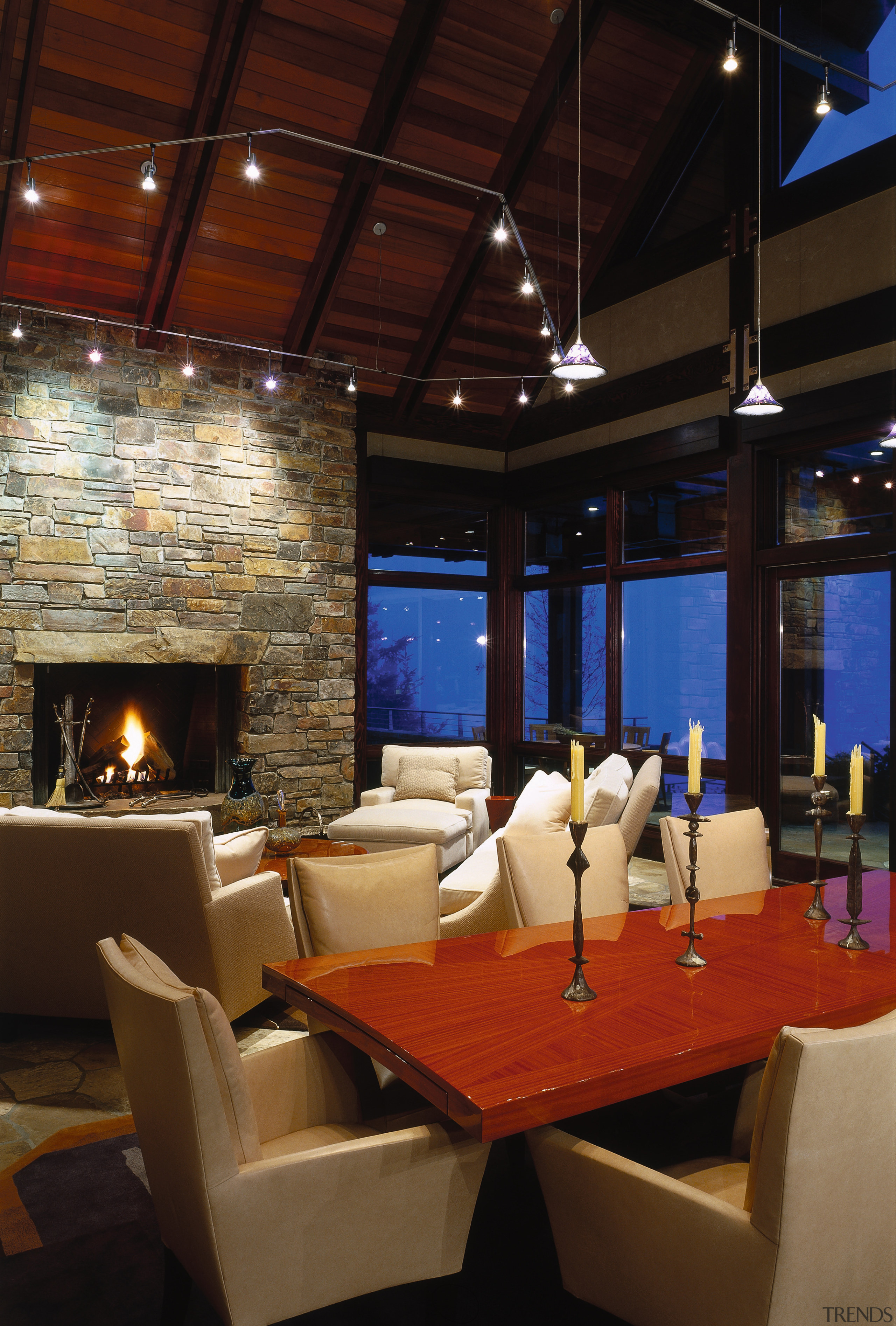 View of the dining area, stone fireplace, pendulum ceiling, dining room, interior design, living room, restaurant, table, black