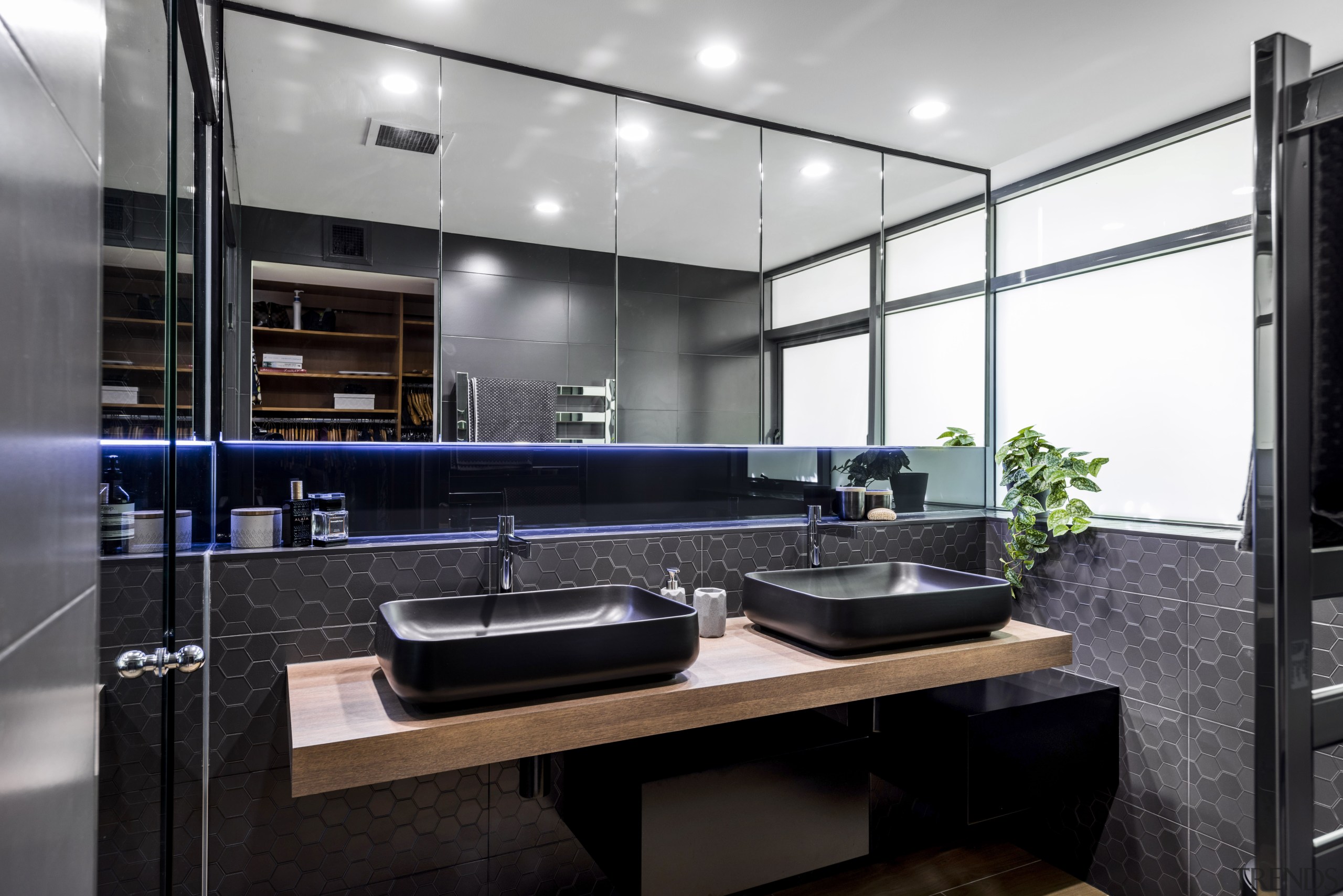 Part of a glamorous master ensuite by designer countertop, interior design, kitchen, sink, black, white