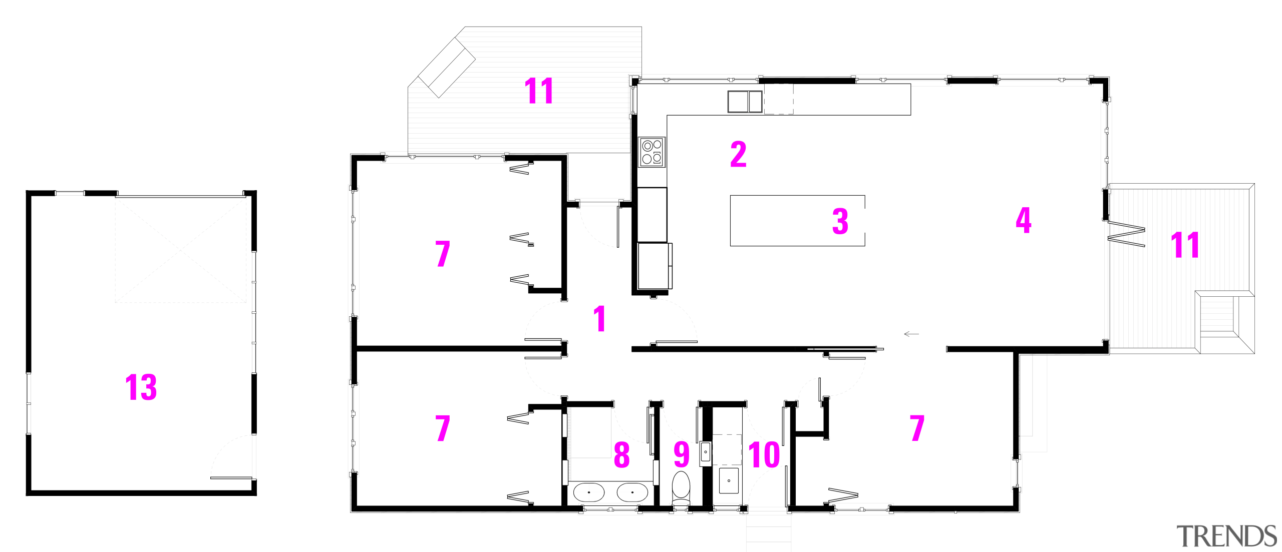 After plan: 1 entry, 2 kitchen, 3 dining, angle, area, design, diagram, floor plan, font, line, pattern, pink, product, purple, text, white, white